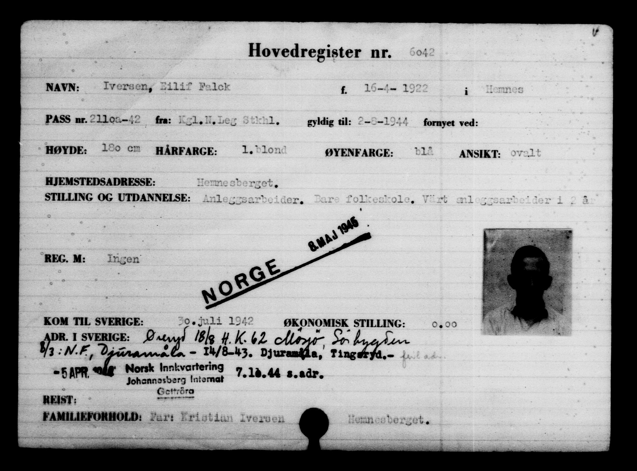 Utenriksstasjonene, Legasjonen i Stockholm, Flyktningkontoret, AV/RA-S-6753/V/Va/L0004: Kjesäterkartoteket, flyktninger med registreringsnr. 3496-6610, 1940-1945, p. 2980