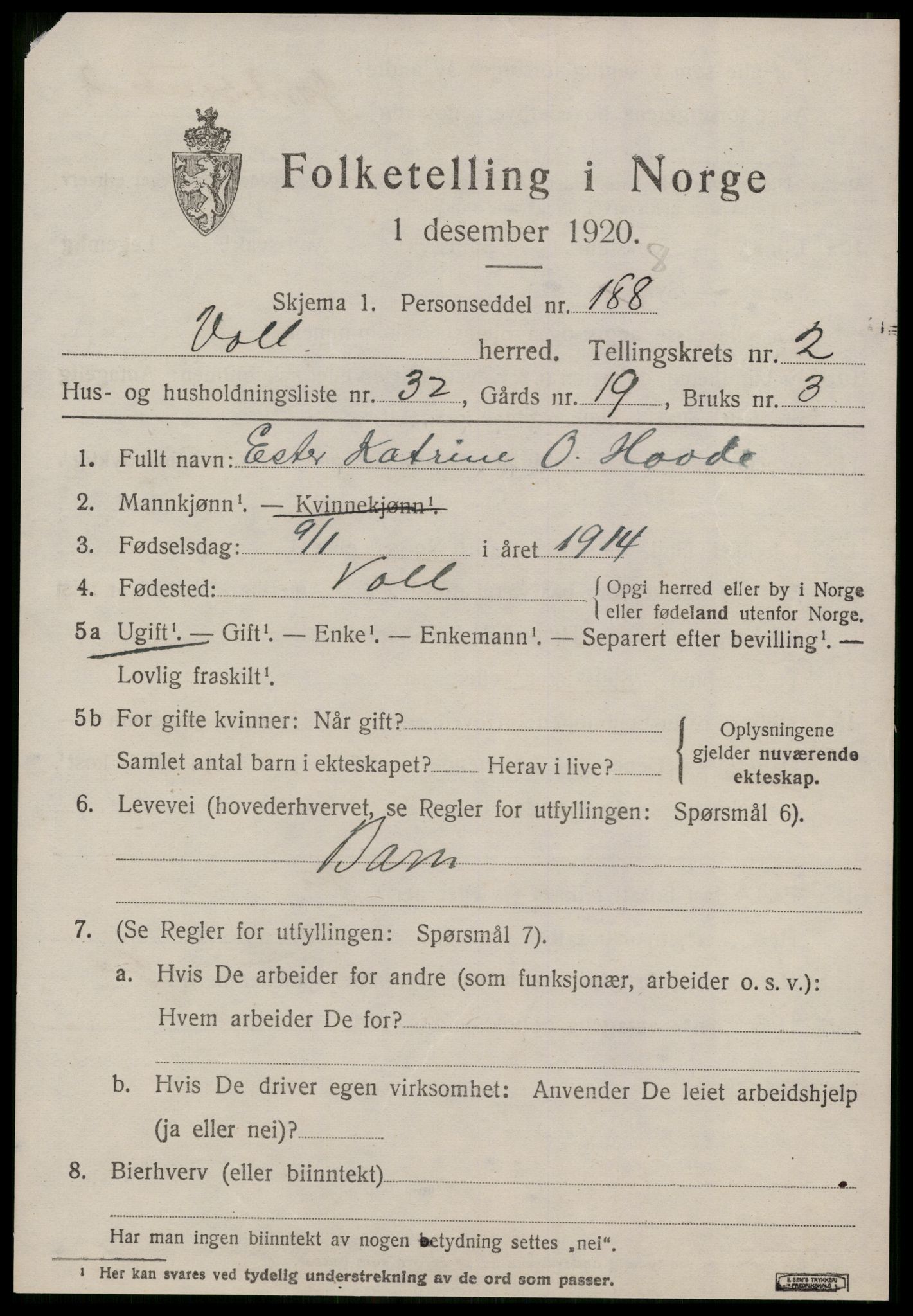 SAT, 1920 census for Voll, 1920, p. 1169