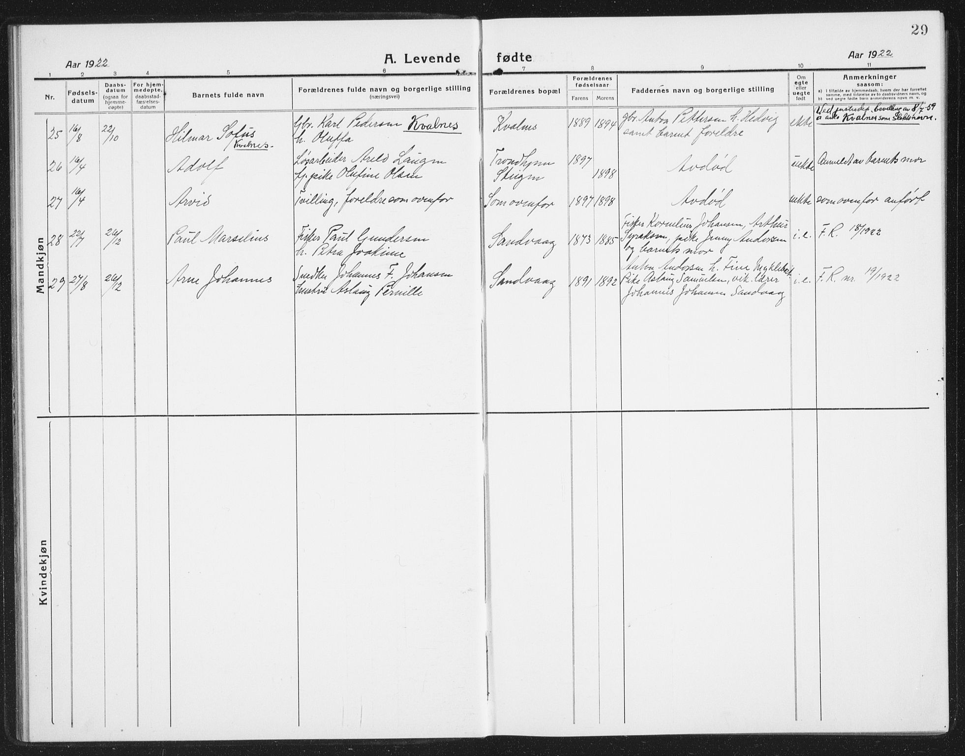 Ministerialprotokoller, klokkerbøker og fødselsregistre - Nordland, AV/SAT-A-1459/855/L0817: Parish register (copy) no. 855C06, 1917-1934, p. 29