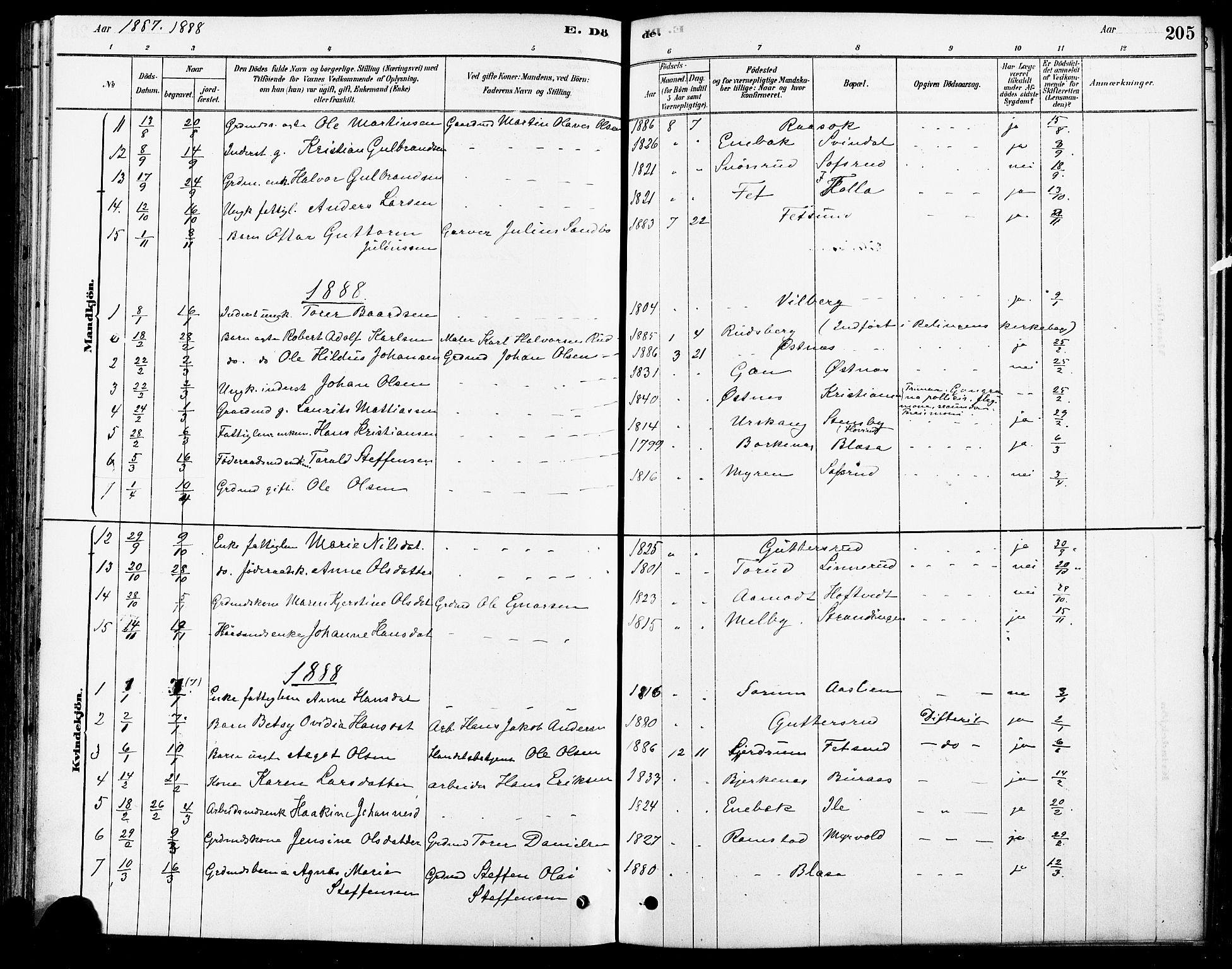 Fet prestekontor Kirkebøker, AV/SAO-A-10370a/F/Fa/L0014: Parish register (official) no. I 14, 1878-1891, p. 205