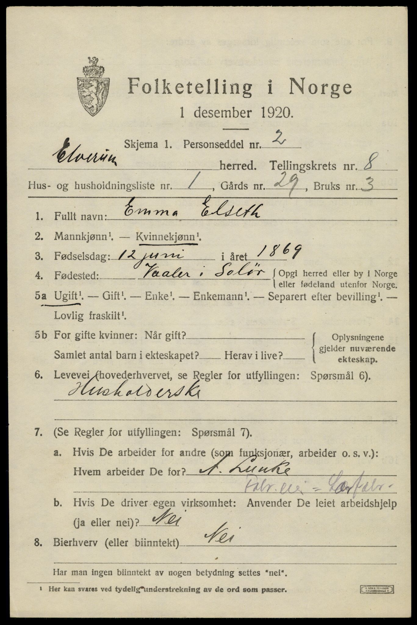 SAH, 1920 census for Elverum, 1920, p. 13100