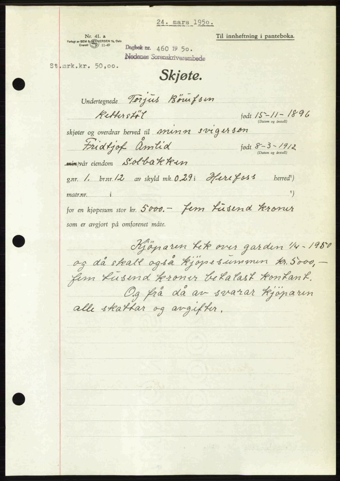 Nedenes sorenskriveri, AV/SAK-1221-0006/G/Gb/Gba/L0062: Mortgage book no. A14, 1949-1950, Diary no: : 460/1950