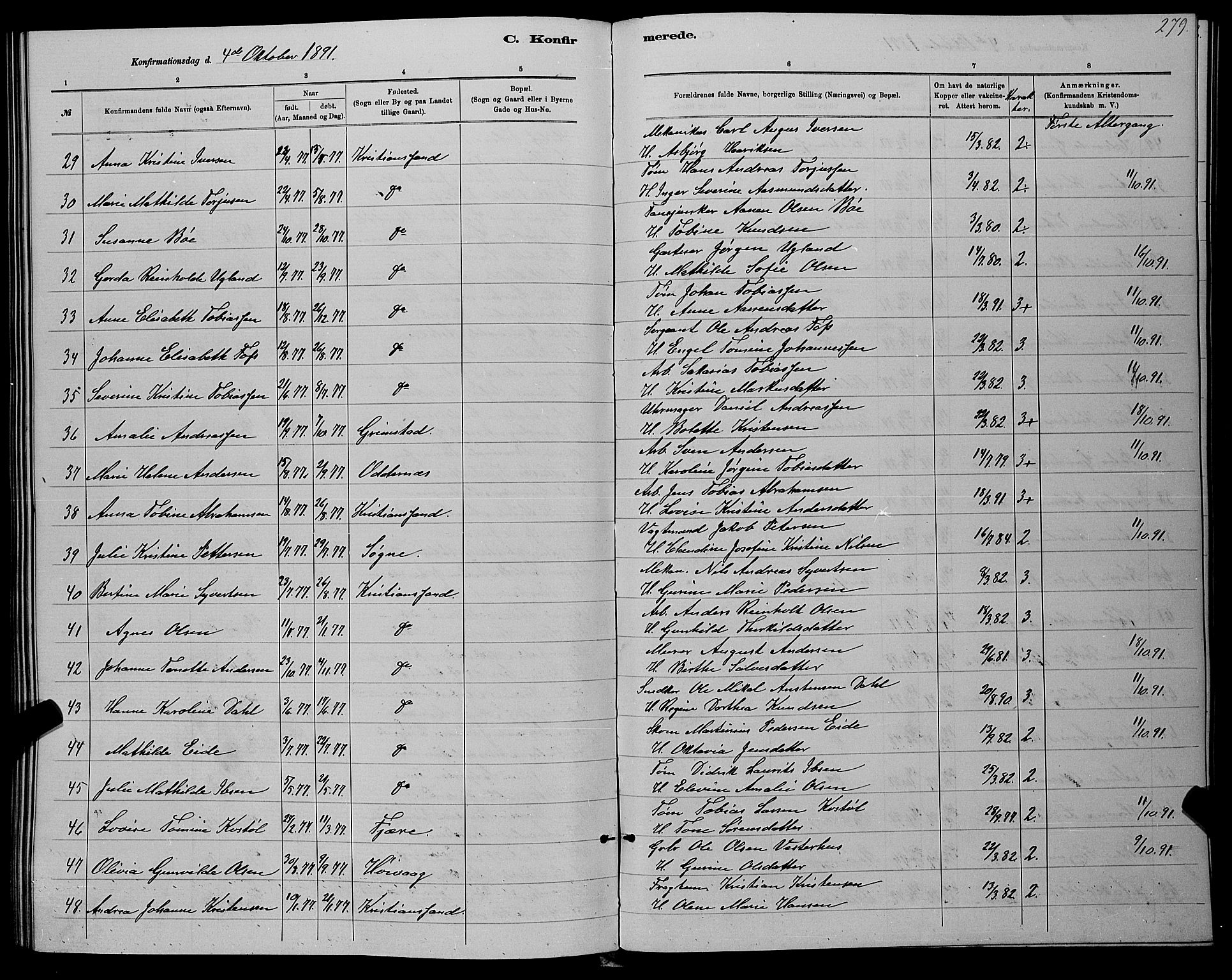 Kristiansand domprosti, AV/SAK-1112-0006/F/Fb/L0016: Parish register (copy) no. B 16, 1881-1893, p. 279