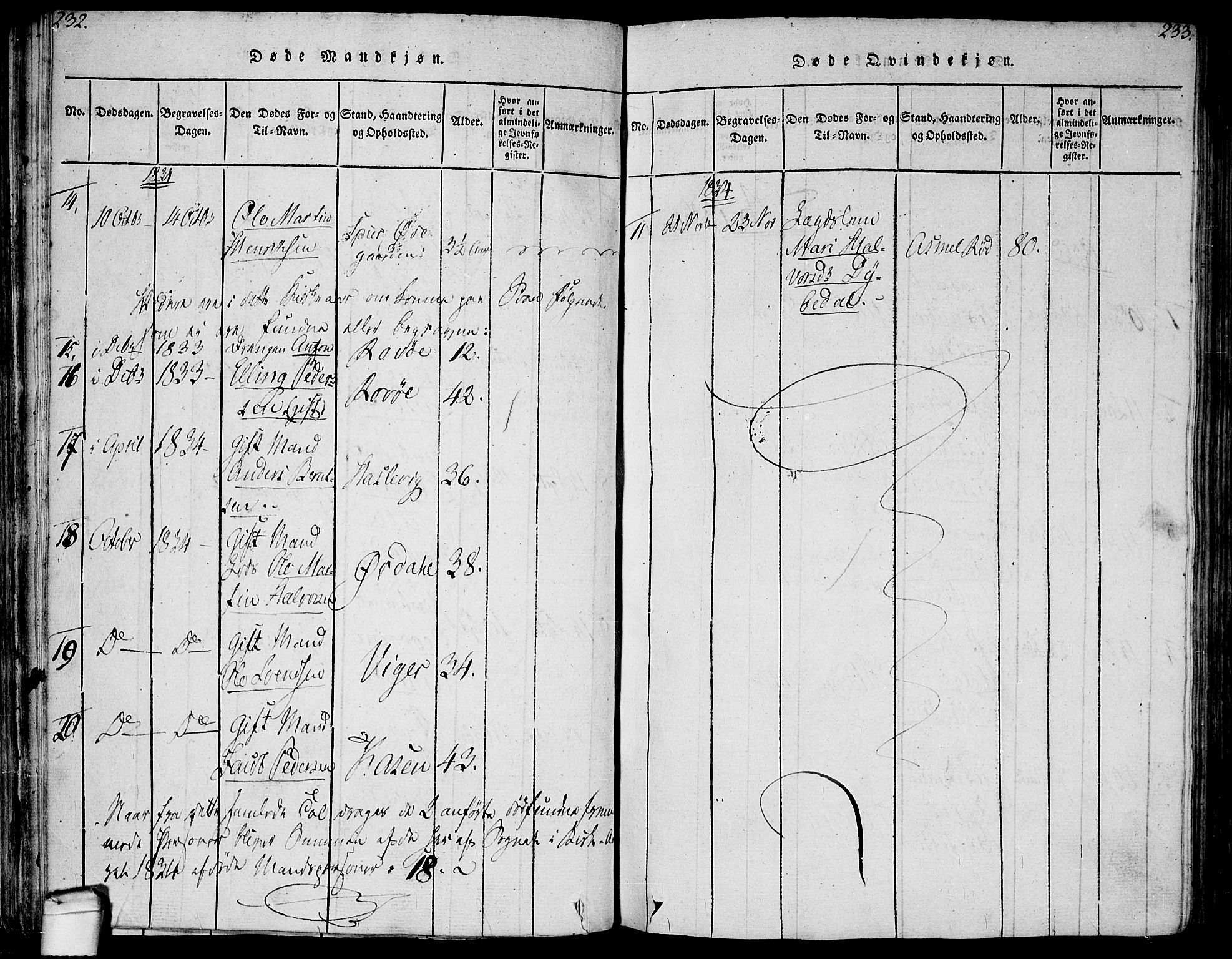 Hvaler prestekontor Kirkebøker, SAO/A-2001/F/Fa/L0005: Parish register (official) no. I 5, 1816-1845, p. 232-233