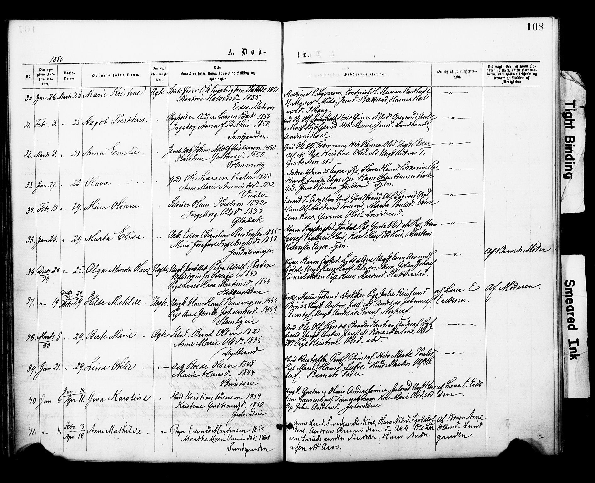 Eidsvoll prestekontor Kirkebøker, AV/SAO-A-10888/F/Fa/L0001: Parish register (official) no. I 1, 1877-1881, p. 108