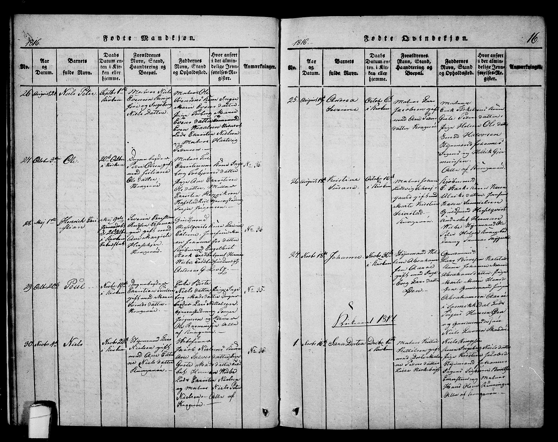 Kragerø kirkebøker, SAKO/A-278/F/Fa/L0004: Parish register (official) no. 4, 1814-1831, p. 16