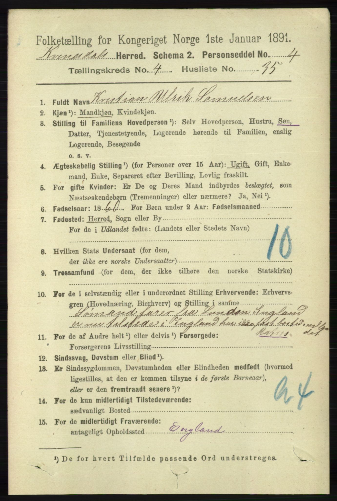 RA, 1891 census for 1037 Kvinesdal, 1891, p. 1615