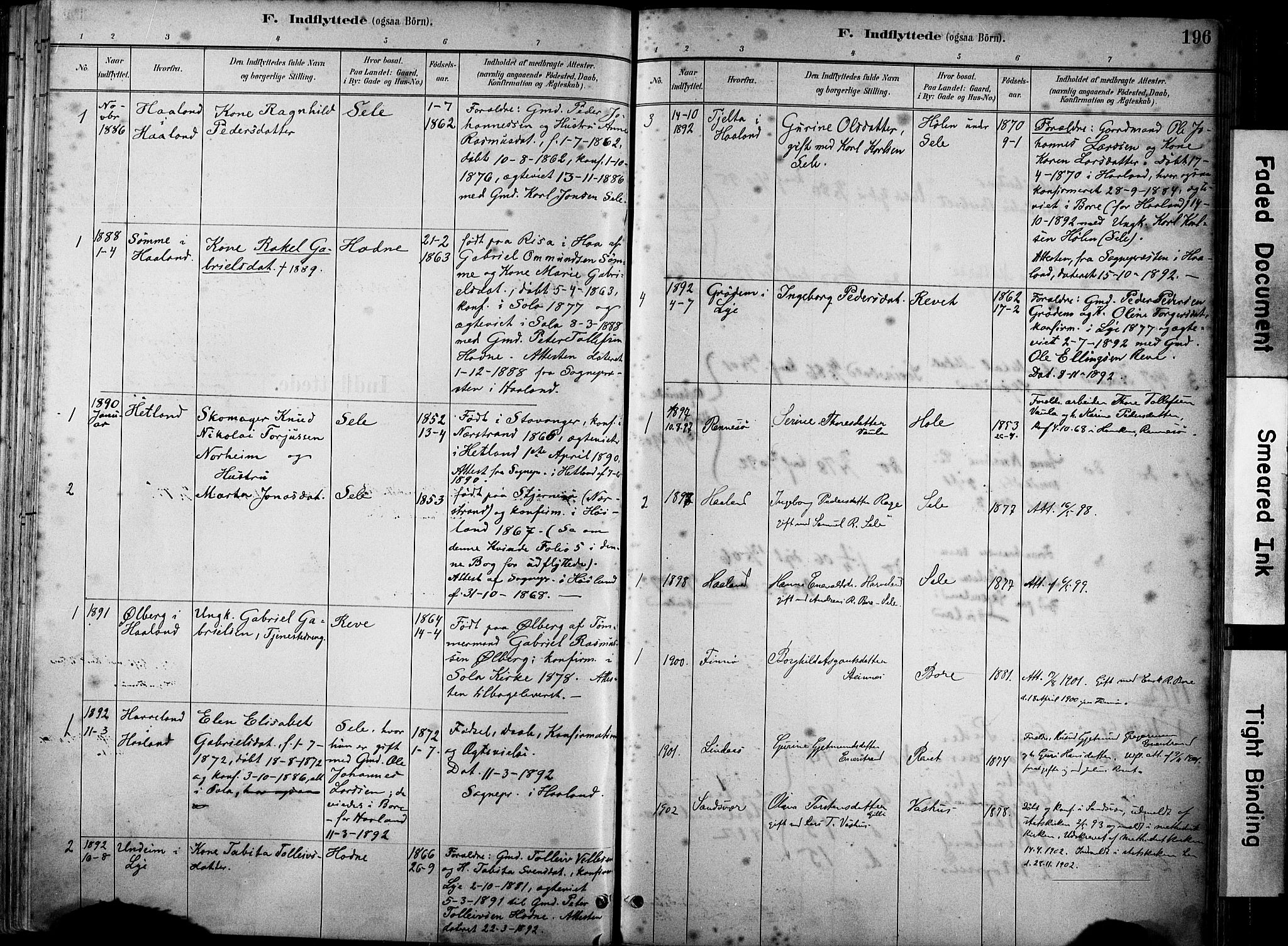 Klepp sokneprestkontor, SAST/A-101803/001/3/30BA/L0008: Parish register (official) no. A 9, 1886-1919, p. 196