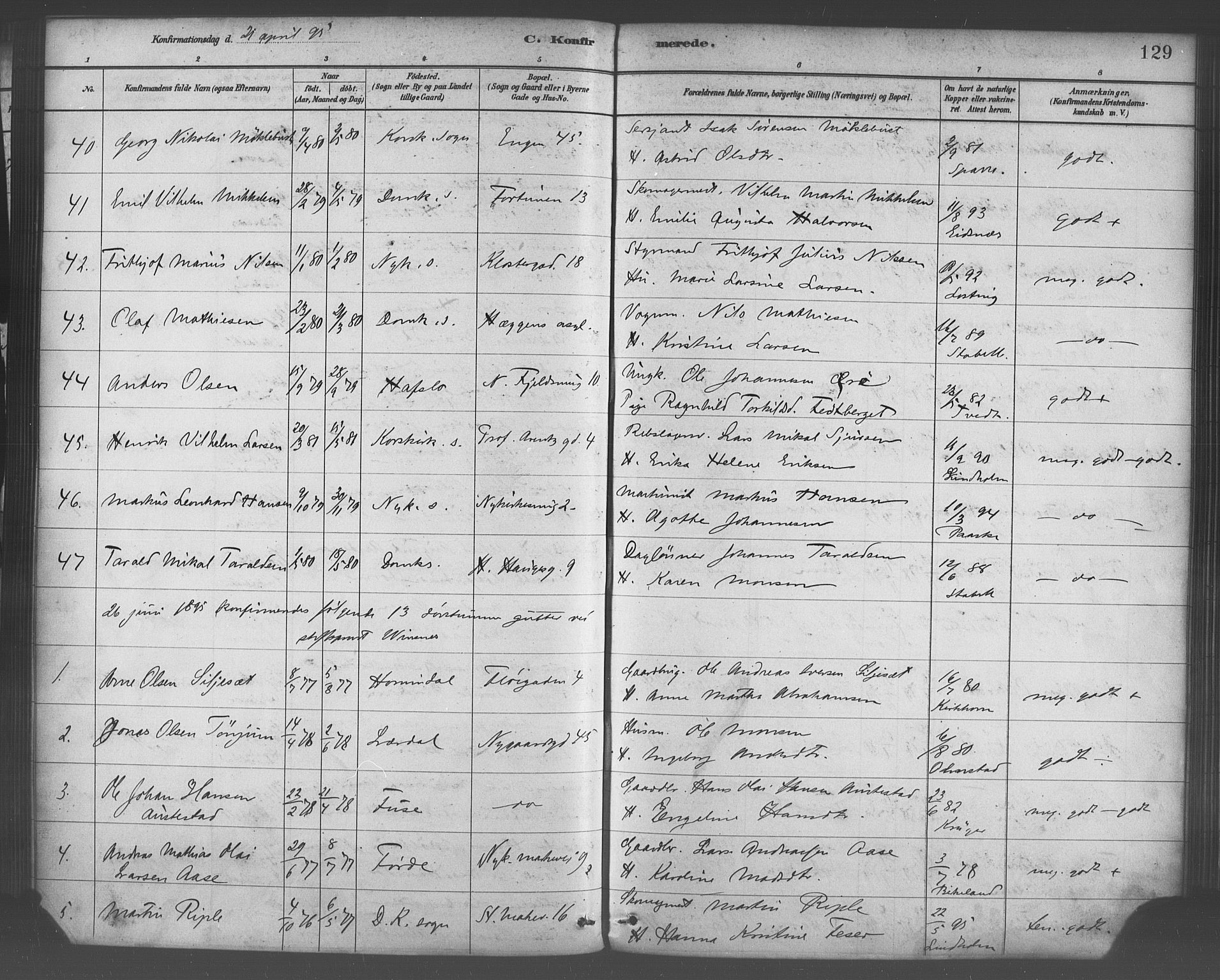 Domkirken sokneprestembete, SAB/A-74801/H/Haa/L0030: Parish register (official) no. C 5, 1880-1898, p. 129