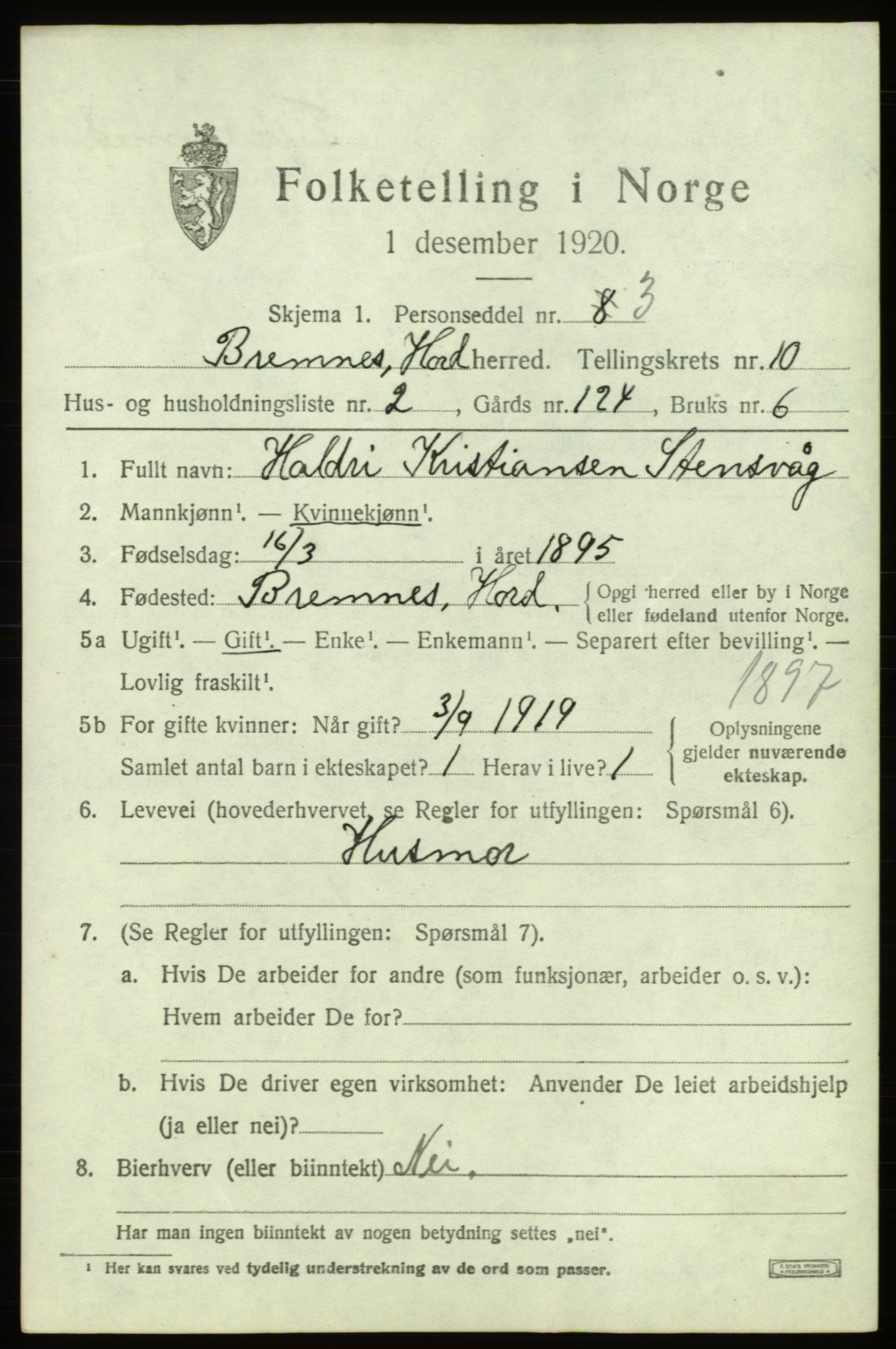 SAB, 1920 census for Bremnes, 1920, p. 6370