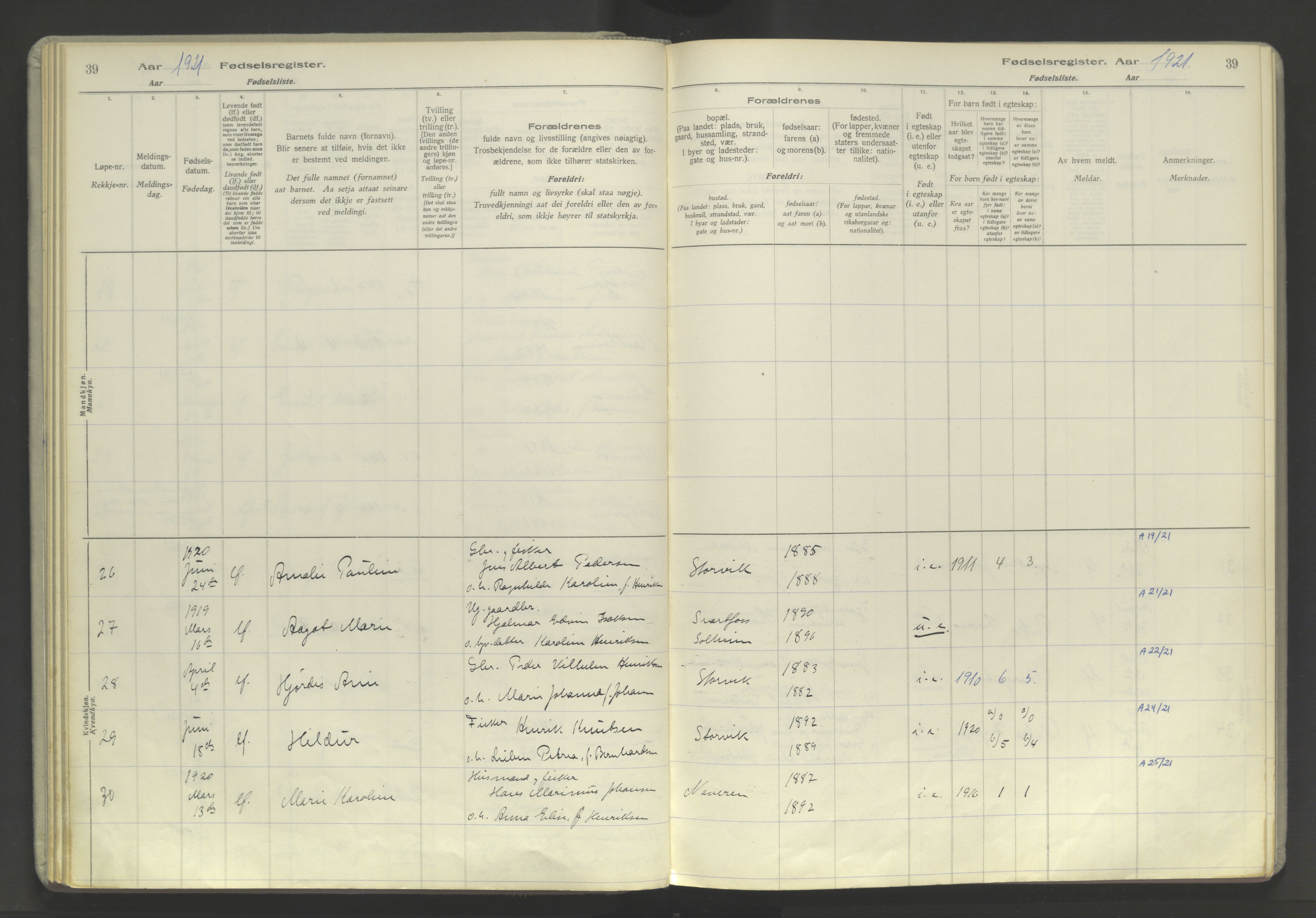 Skjervøy sokneprestkontor, AV/SATØ-S-1300/I/Ia/L0060: Birth register no. 60, 1916-1947, p. 39