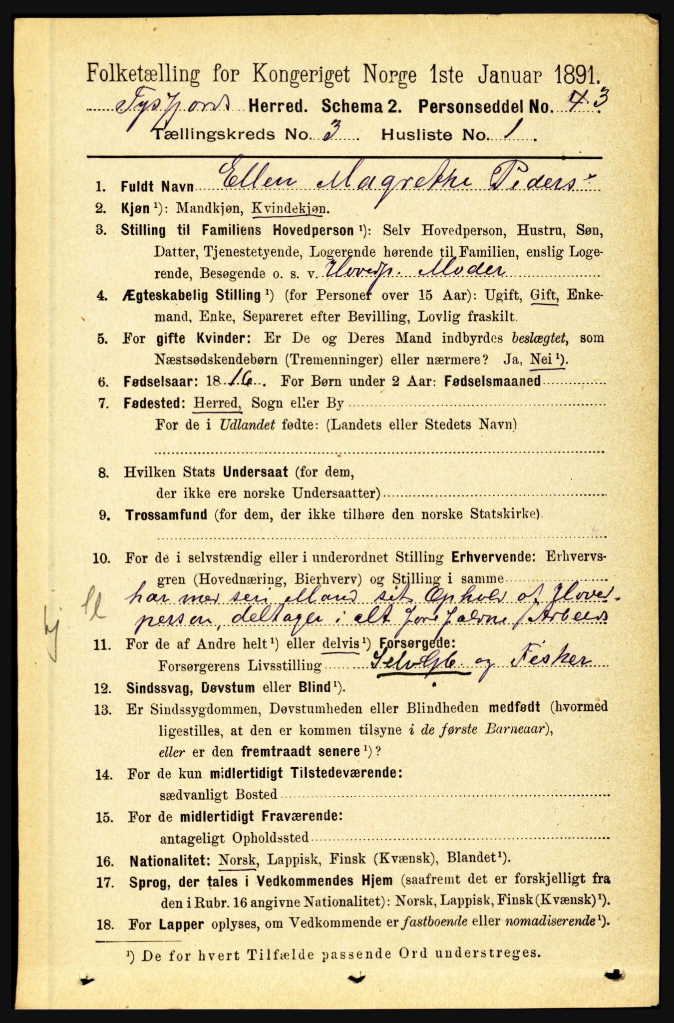 RA, 1891 census for 1850 Tysfjord, 1891, p. 1048