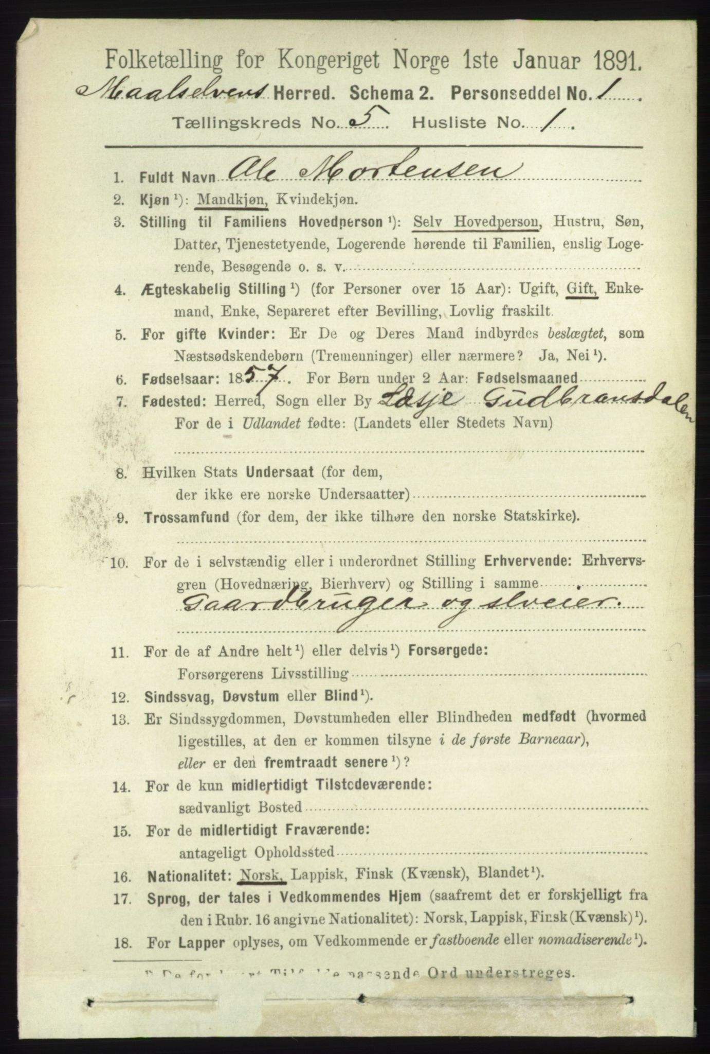 RA, 1891 census for 1924 Målselv, 1891, p. 1613