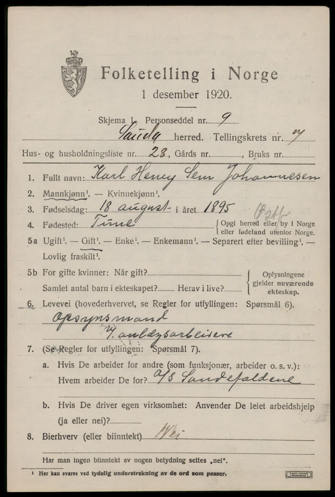 SAST, 1920 census for Sauda, 1920, p. 4524