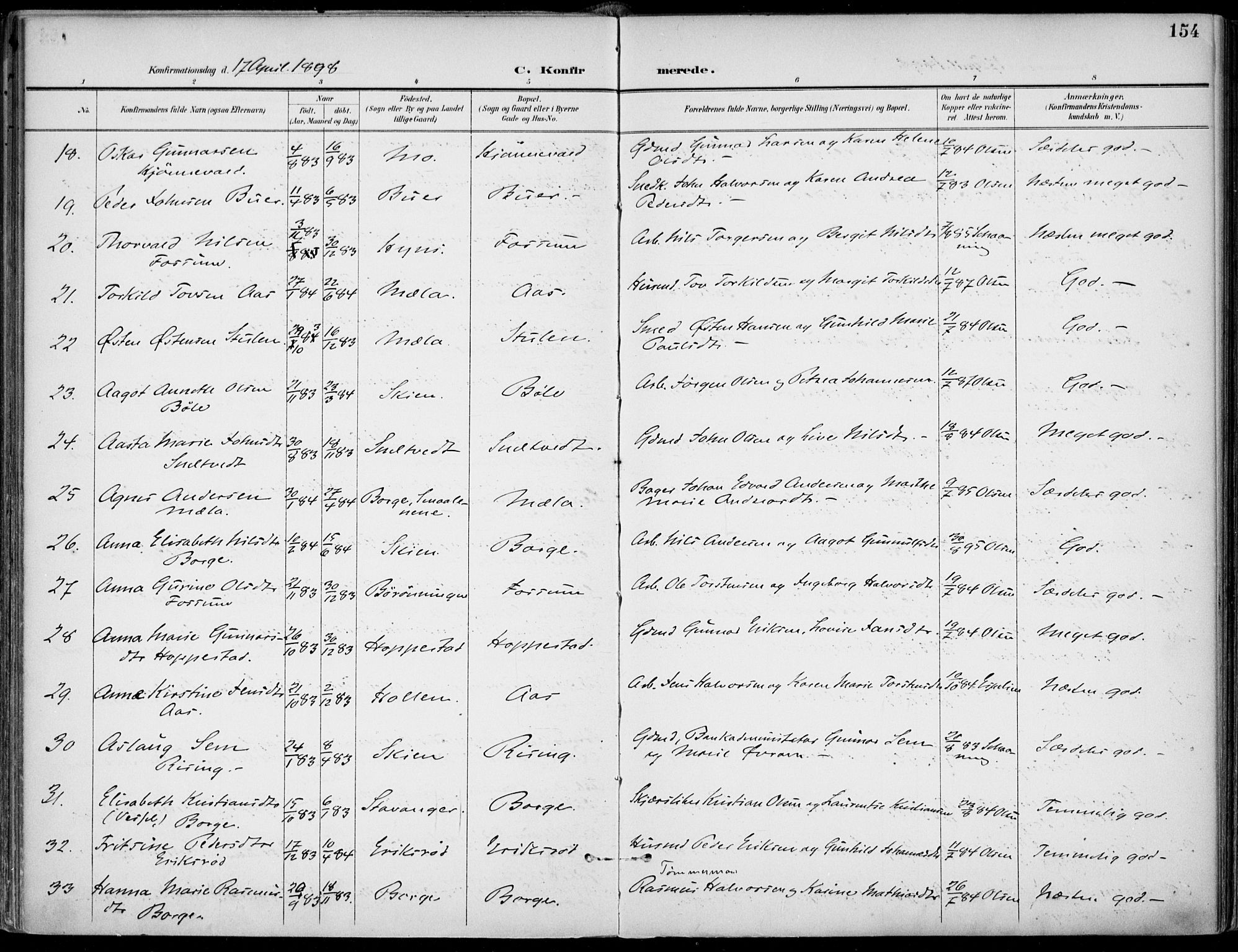 Gjerpen kirkebøker, SAKO/A-265/F/Fa/L0011: Parish register (official) no. I 11, 1896-1904, p. 154