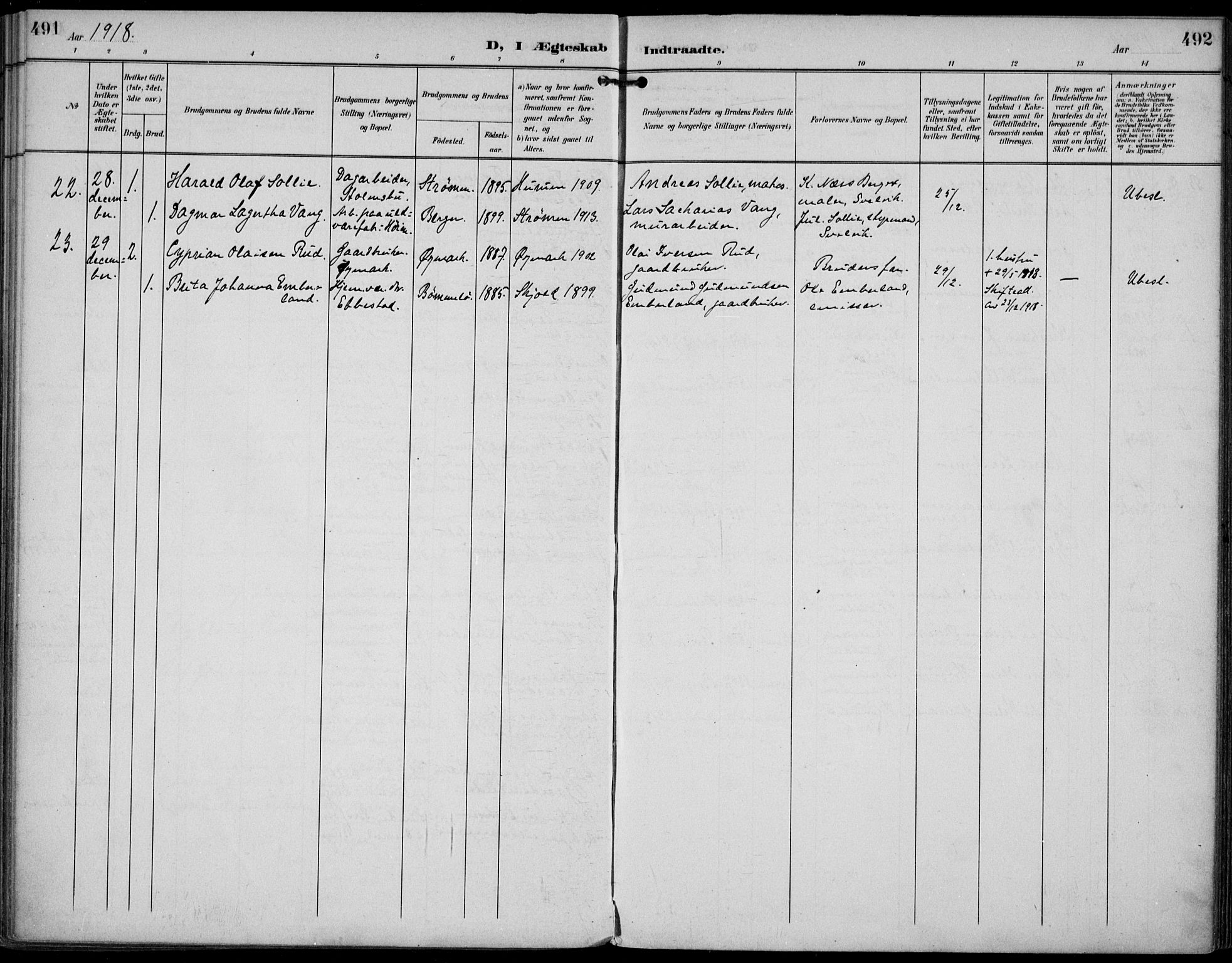 Strømm kirkebøker, AV/SAKO-A-322/F/Fa/L0005: Parish register (official) no. I 5, 1898-1919, p. 491-492