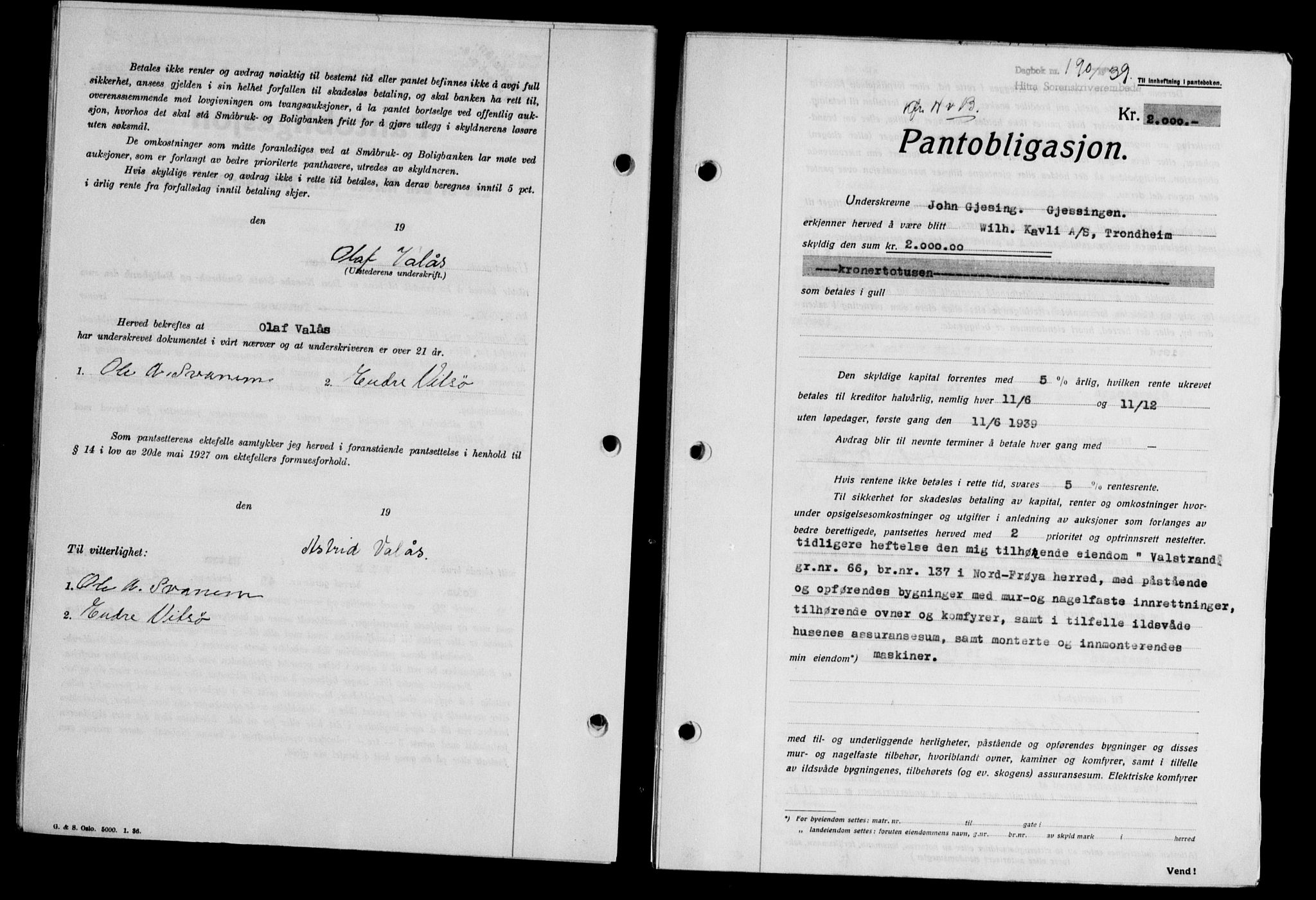 Hitra sorenskriveri, AV/SAT-A-0018/2/2C/2Ca/L0028: Mortgage book no. B-1, 1936-1939, Diary no: : 190/1939