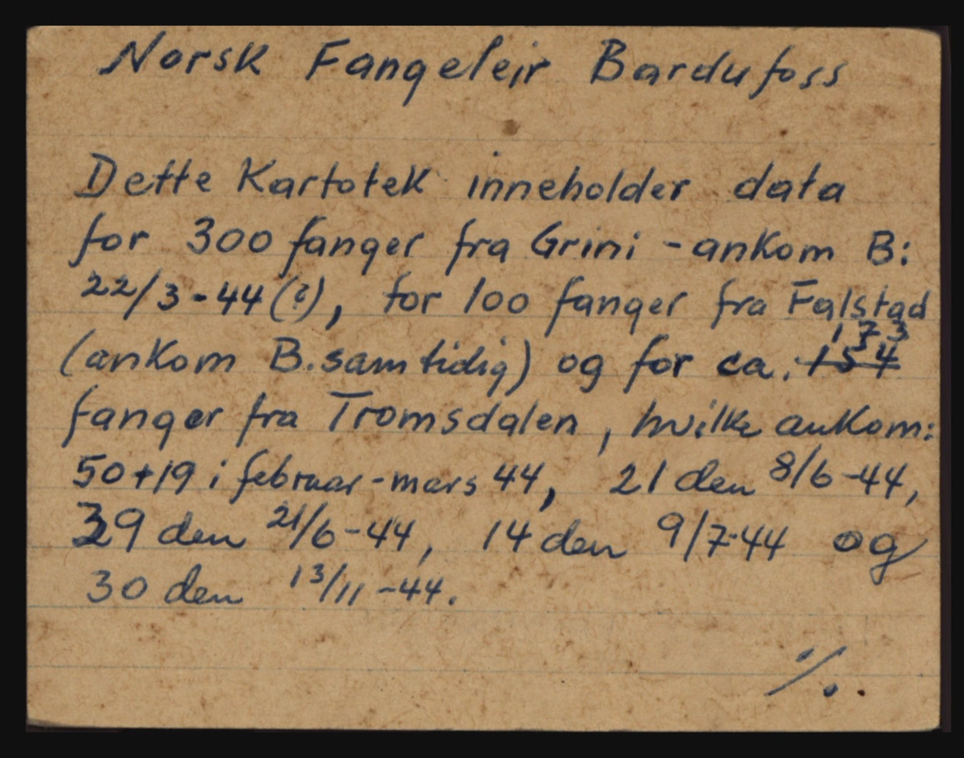 Politiets overvåkningstjeneste, AV/RA-S-4254/D/Df/L0005: Fangekartotek fra Bardufoss. Fanger overført fra Grini, Falstad og Tromsdalen I, 1944-1945