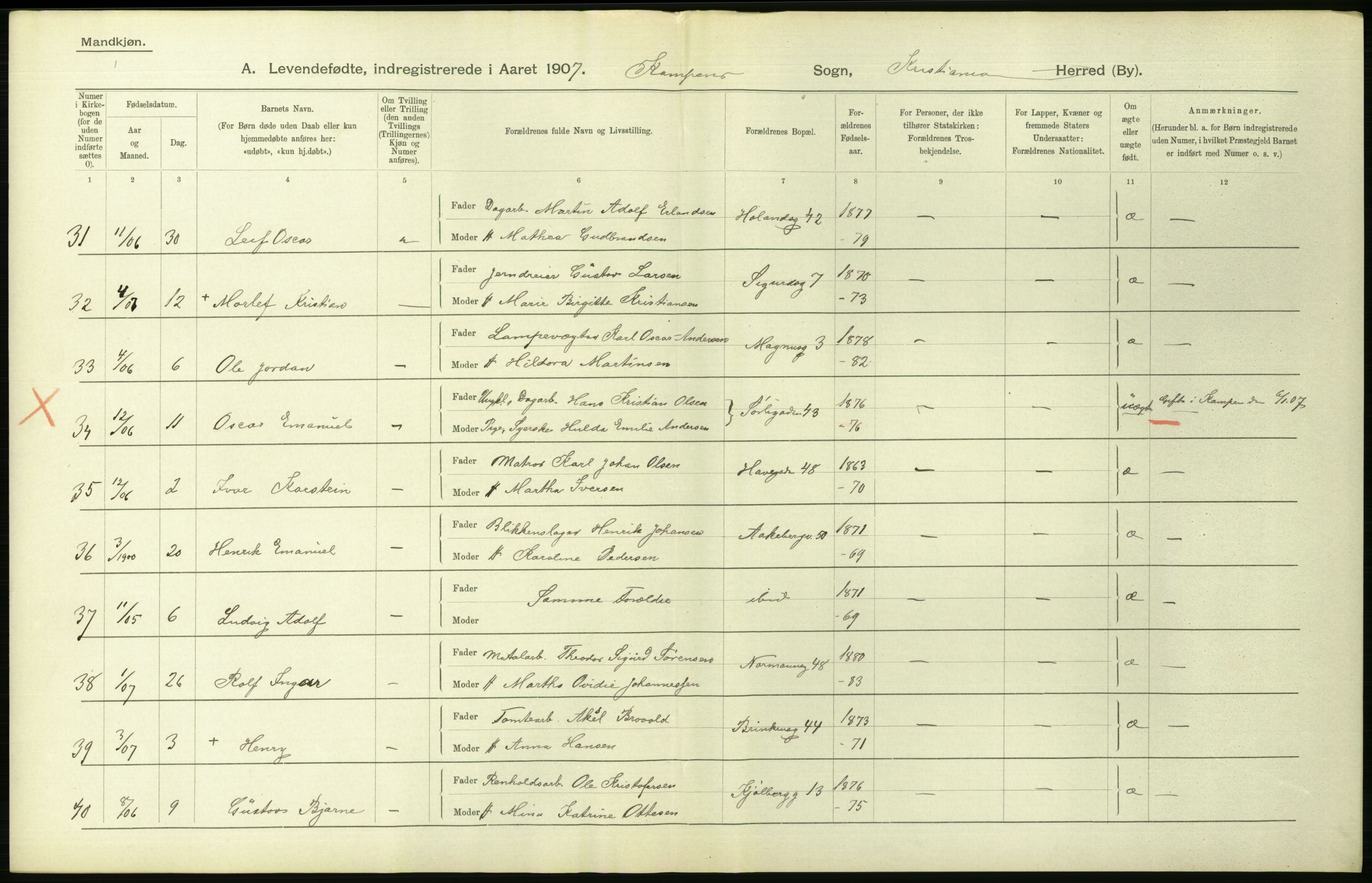 Statistisk sentralbyrå, Sosiodemografiske emner, Befolkning, AV/RA-S-2228/D/Df/Dfa/Dfae/L0007: Kristiania: Levendefødte menn og kvinner., 1907, p. 474