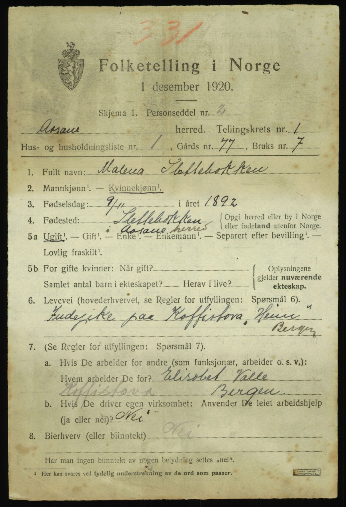 SAB, 1920 census for Åsane, 1920, p. 773