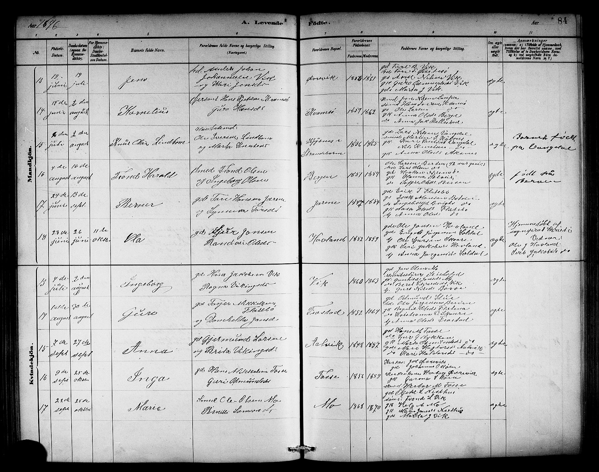 Kvam sokneprestembete, SAB/A-76201/H/Hab: Parish register (copy) no. C 3, 1881-1905, p. 84
