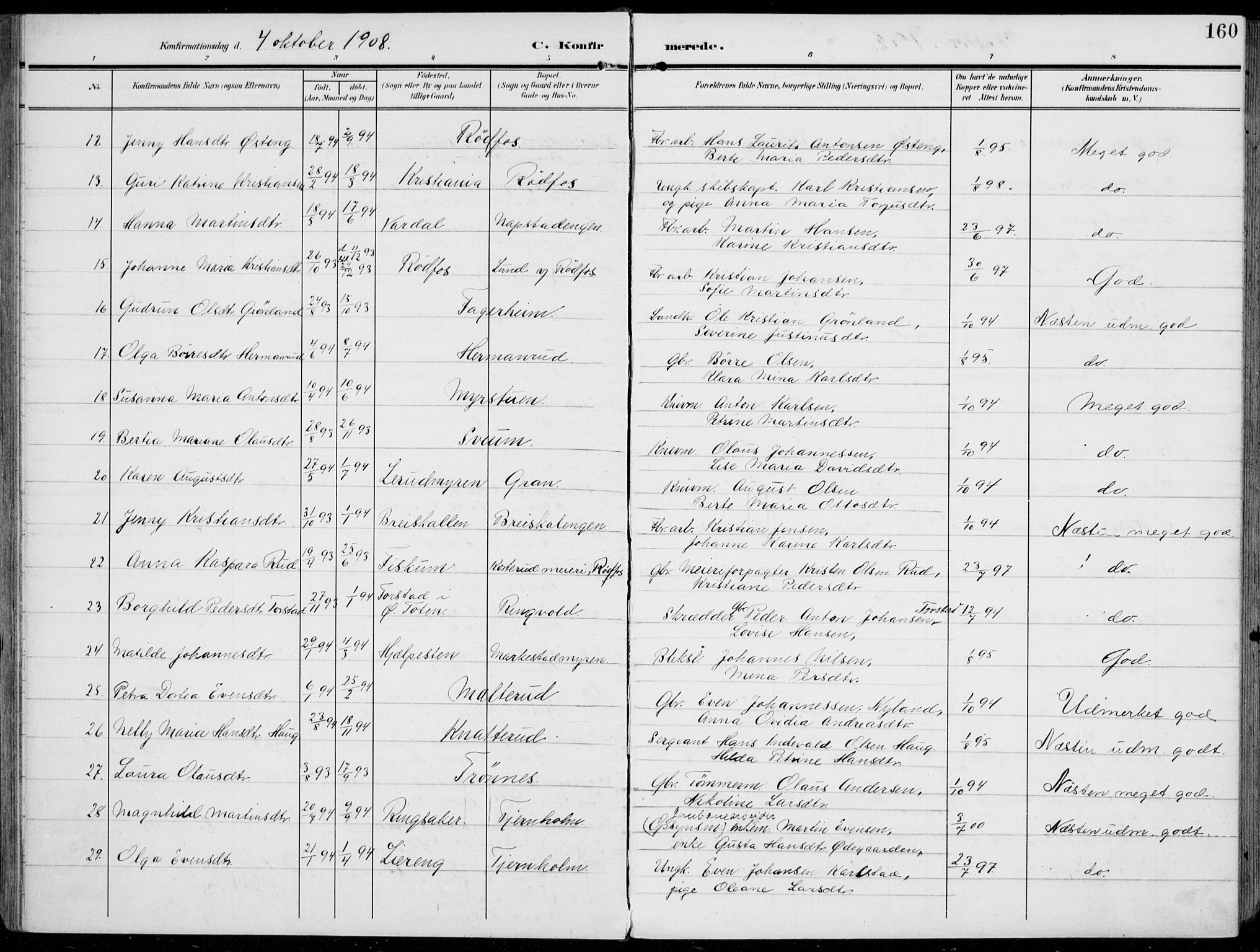 Vestre Toten prestekontor, AV/SAH-PREST-108/H/Ha/Haa/L0014: Parish register (official) no. 14, 1907-1920, p. 160