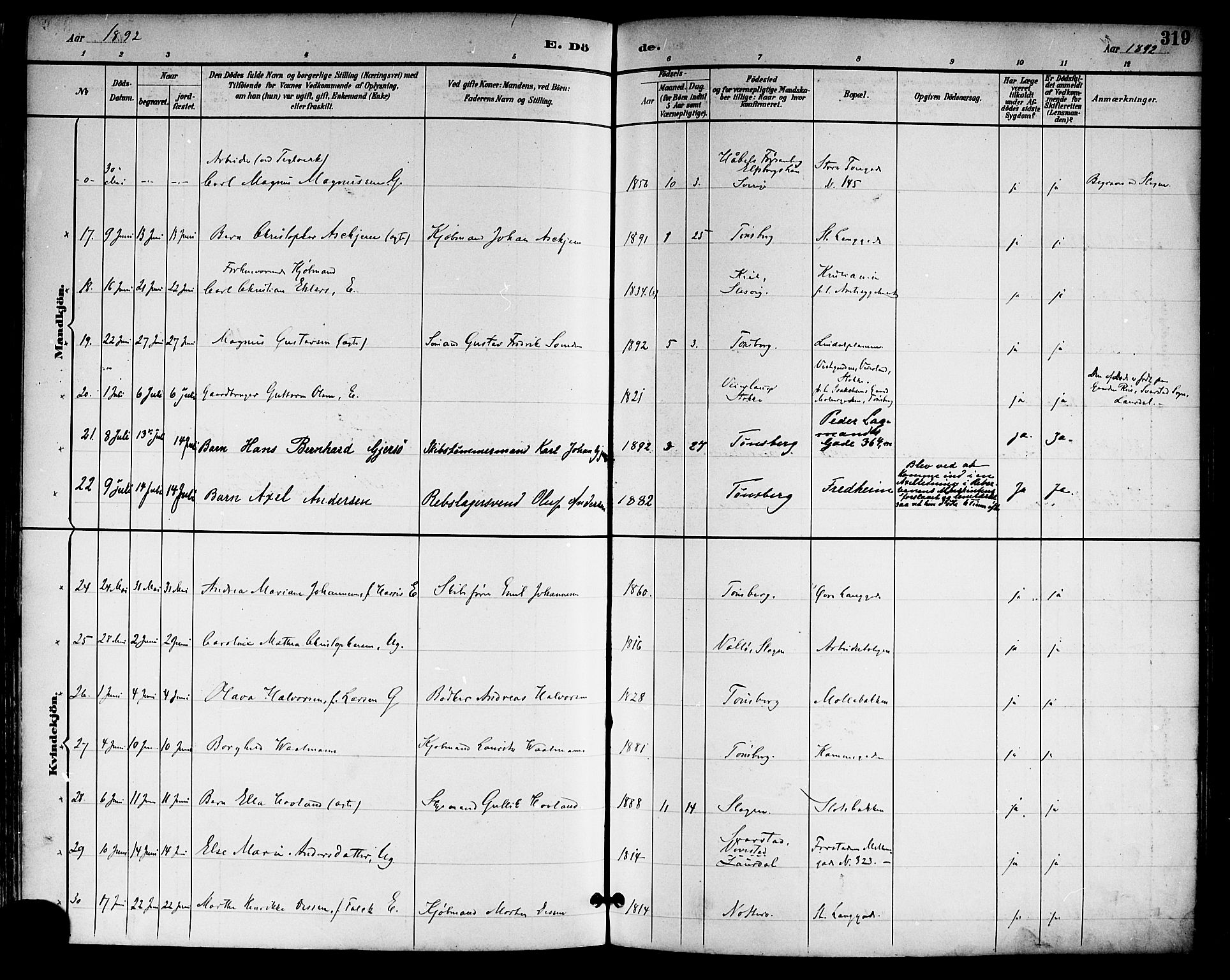 Tønsberg kirkebøker, AV/SAKO-A-330/F/Fa/L0012: Parish register (official) no. I 12, 1891-1899, p. 319