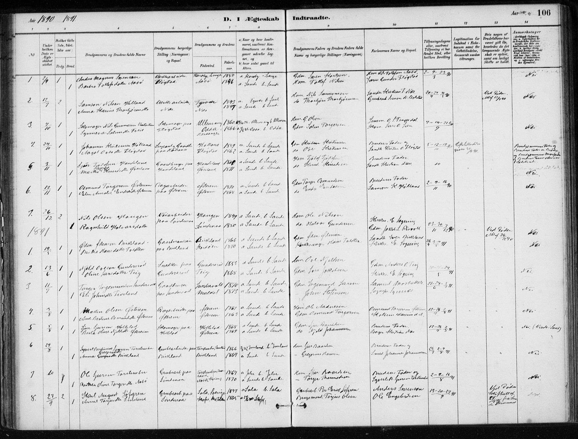 Sand sokneprestkontor, AV/SAST-A-101848/01/III/L0006: Parish register (official) no. A 6, 1880-1898, p. 106