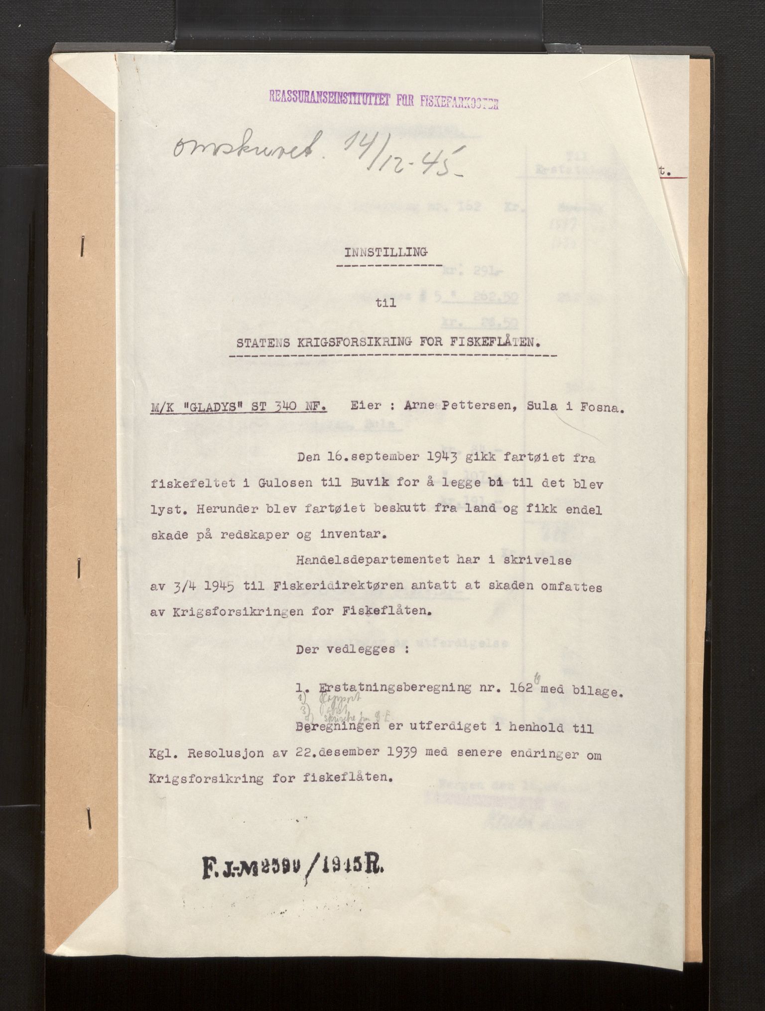 Fiskeridirektoratet - 1 Adm. ledelse - 13 Båtkontoret, AV/SAB-A-2003/La/L0058: Statens krigsforsikring for fiskeflåten, 1936-1971, p. 733