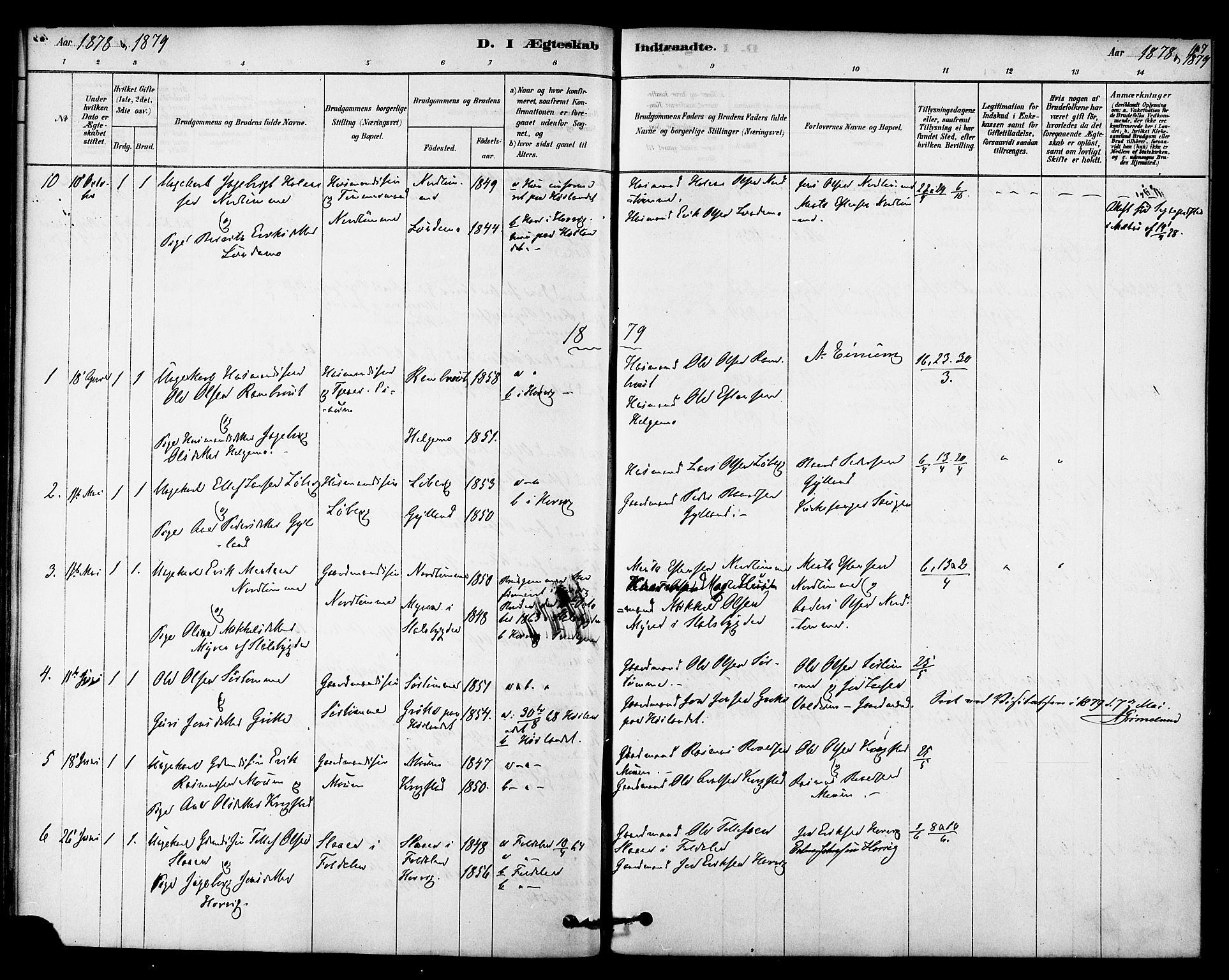 Ministerialprotokoller, klokkerbøker og fødselsregistre - Sør-Trøndelag, SAT/A-1456/692/L1105: Parish register (official) no. 692A05, 1878-1890, p. 107