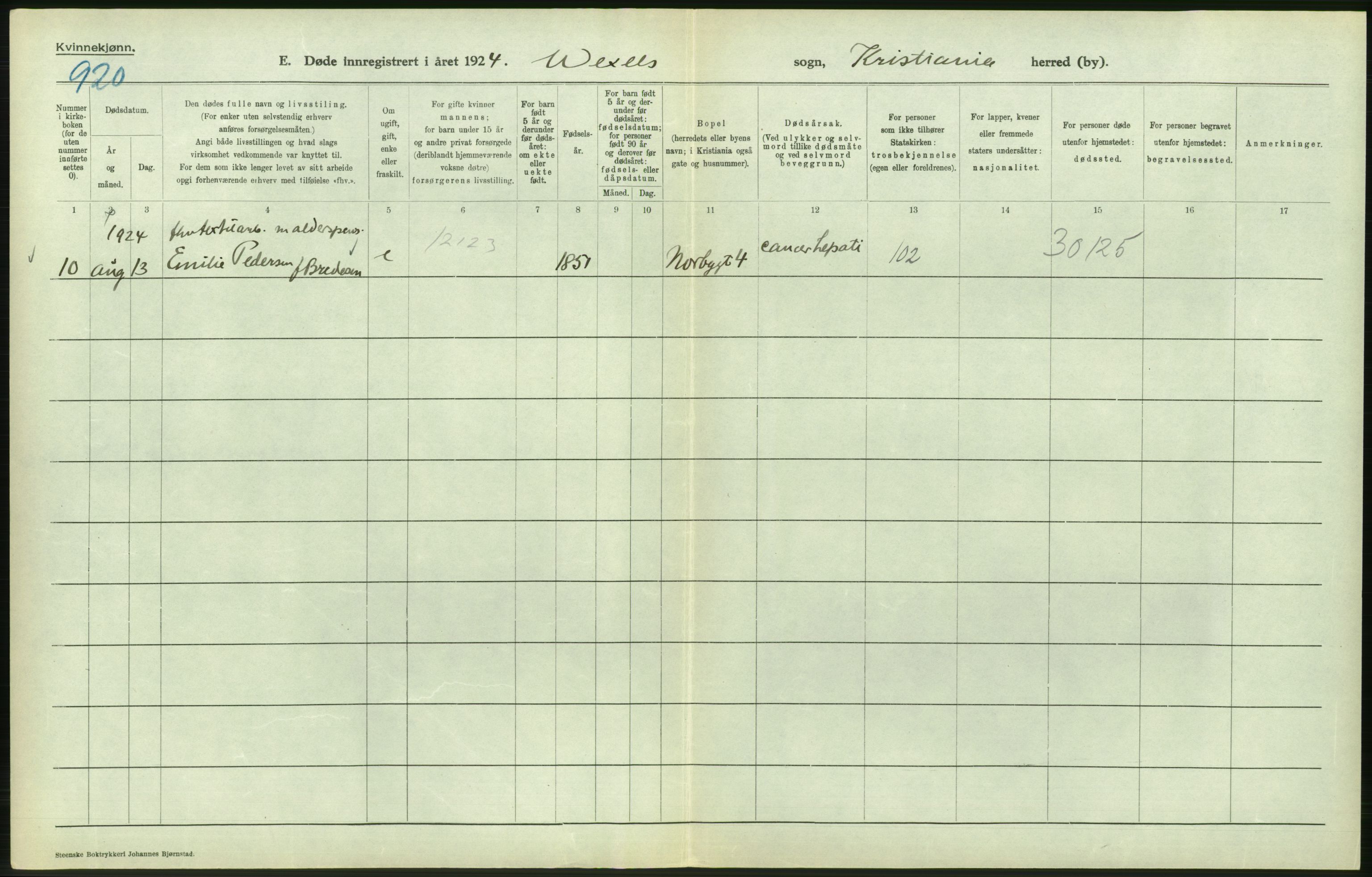 Statistisk sentralbyrå, Sosiodemografiske emner, Befolkning, AV/RA-S-2228/D/Df/Dfc/Dfcd/L0009: Kristiania: Døde kvinner, dødfødte, 1924, p. 506