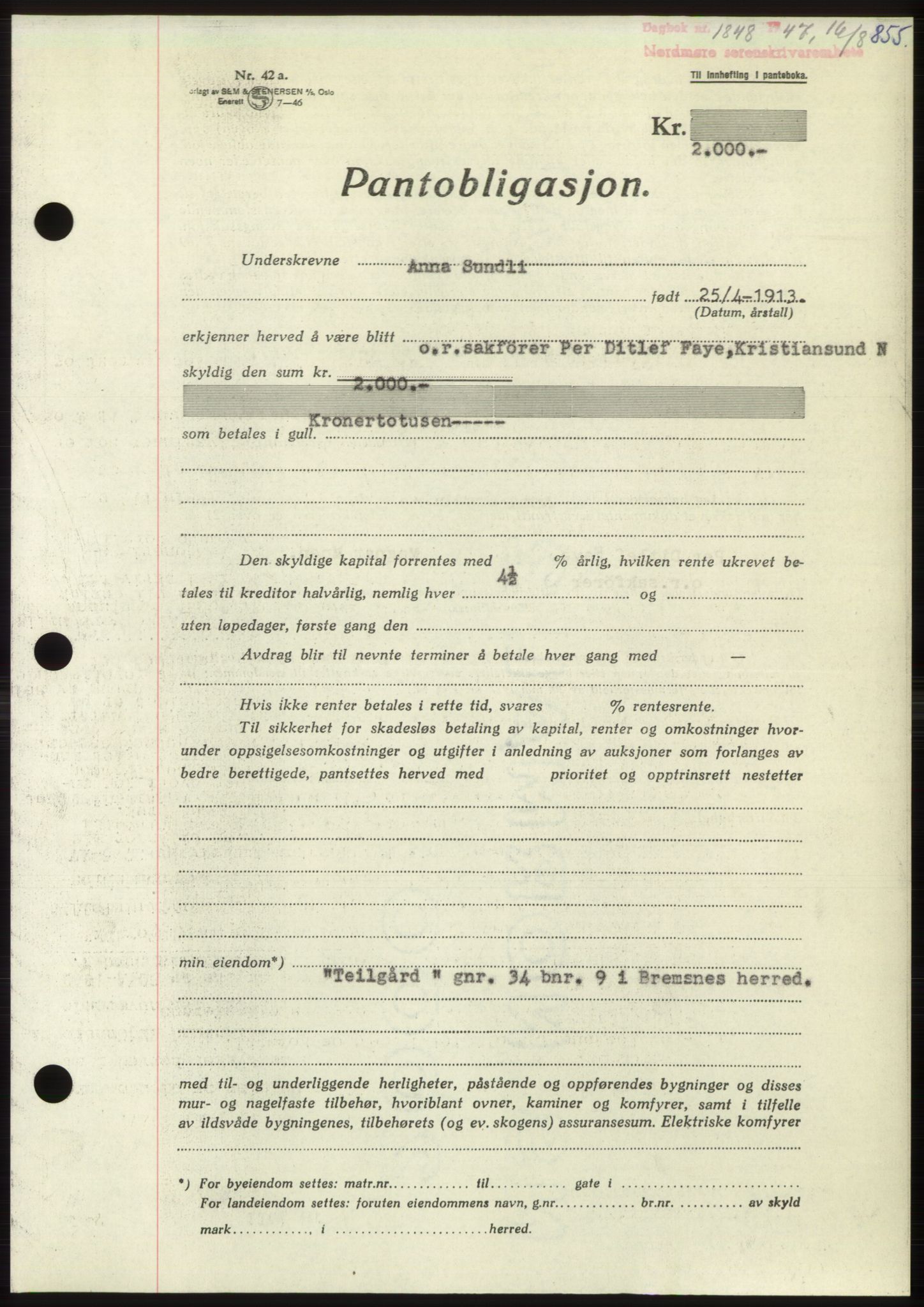 Nordmøre sorenskriveri, AV/SAT-A-4132/1/2/2Ca: Mortgage book no. B96, 1947-1947, Diary no: : 1848/1947