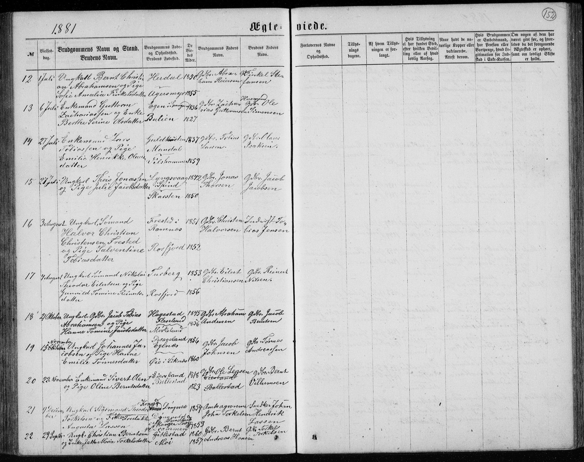 Lyngdal sokneprestkontor, AV/SAK-1111-0029/F/Fb/Fbc/L0004: Parish register (copy) no. B 4, 1878-1896, p. 152