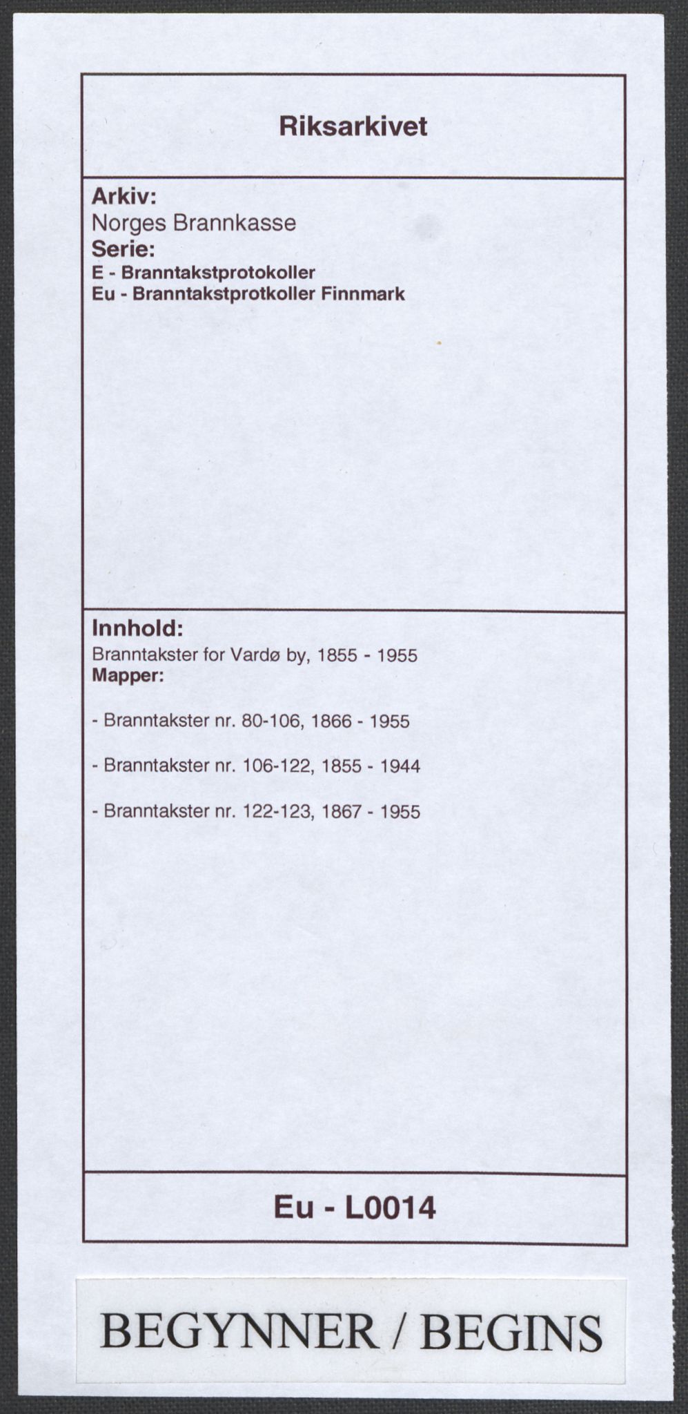 Norges Brannkasse, AV/RA-S-1549/E/Eu/L0014: Branntakster for Vardø by, 1855-1955, p. 1