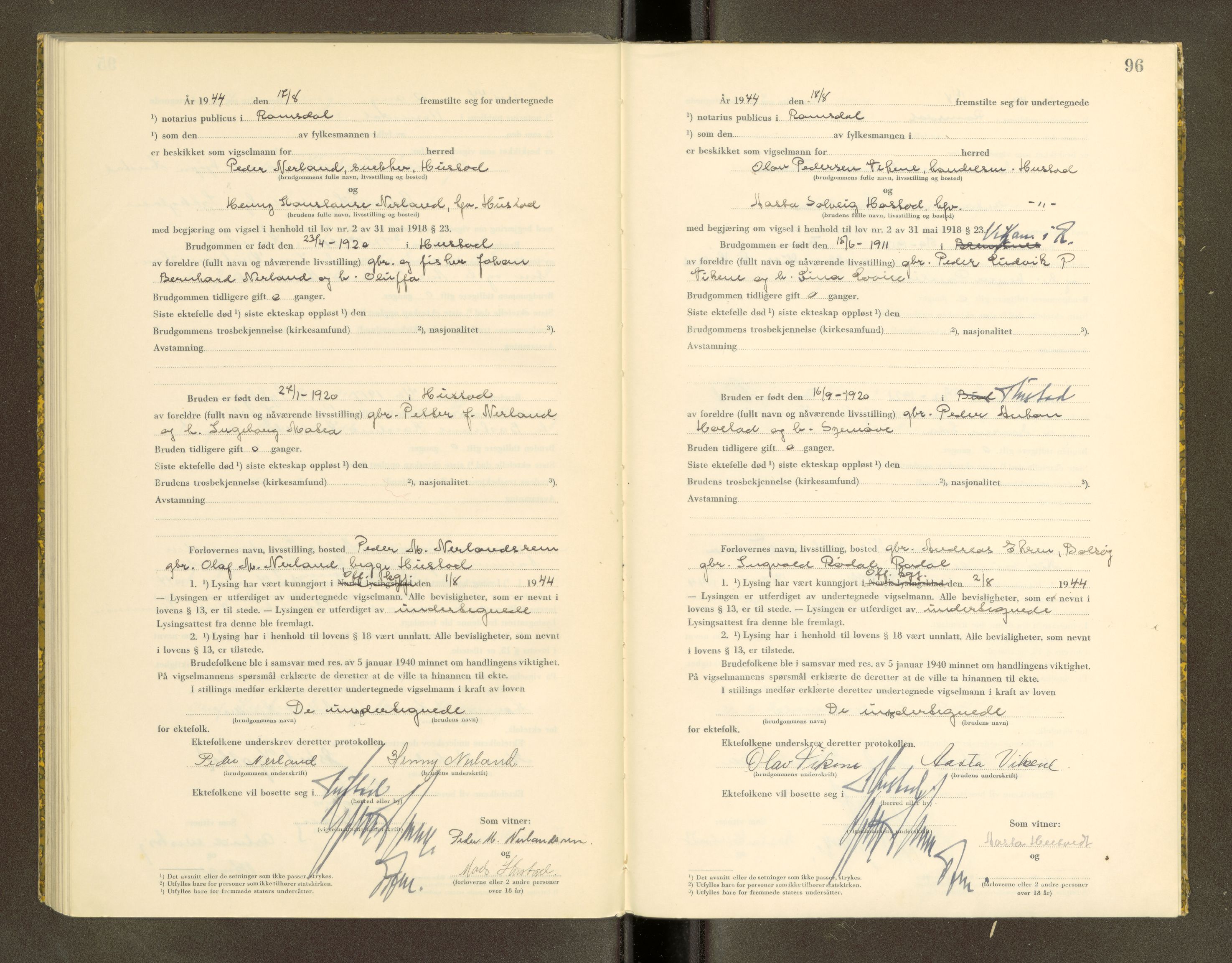 Romsdal sorenskriveri, AV/SAT-A-4149/1/6/6D/L0007: Vigselbok, 1943-1944, p. 96