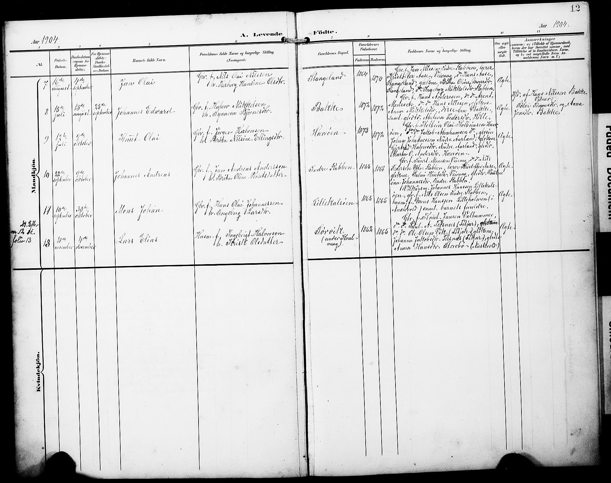 Austevoll Sokneprestembete, SAB/A-74201/H/Hab: Parish register (copy) no. B 5, 1902-1910, p. 12