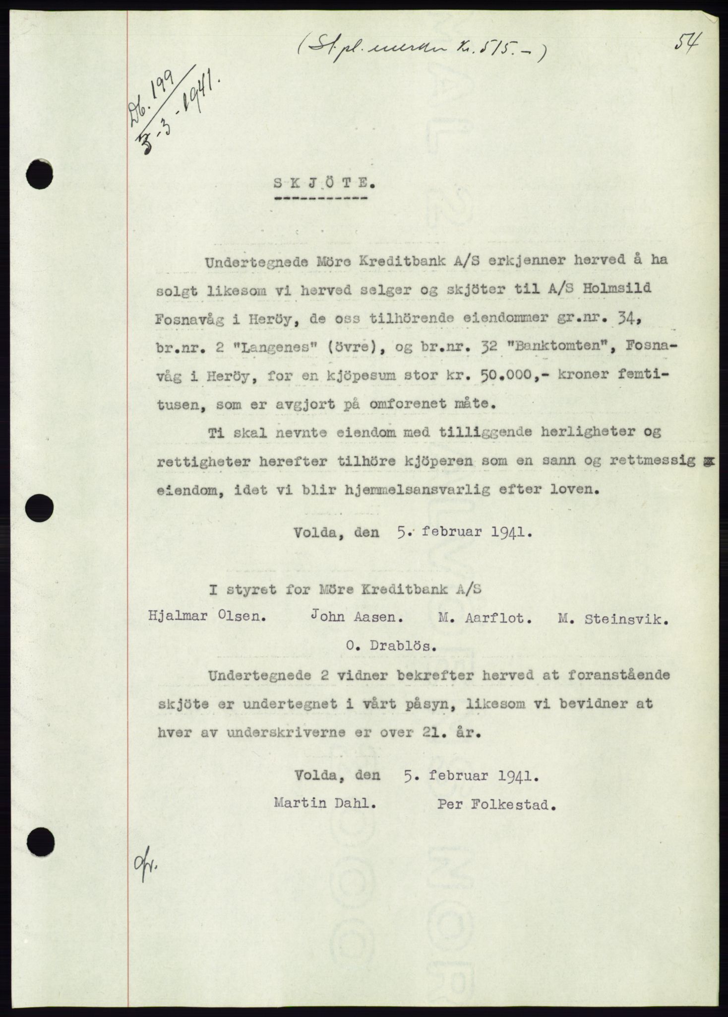 Søre Sunnmøre sorenskriveri, AV/SAT-A-4122/1/2/2C/L0071: Mortgage book no. 65, 1941-1941, Diary no: : 199/1941