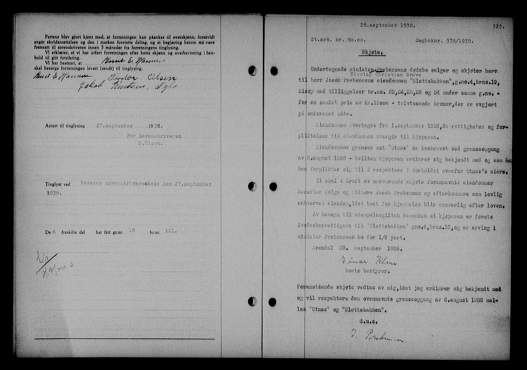 Nedenes sorenskriveri, AV/SAK-1221-0006/G/Gb/Gba/L0045: Mortgage book no. 41, 1938-1938, Diary no: : 978/1938