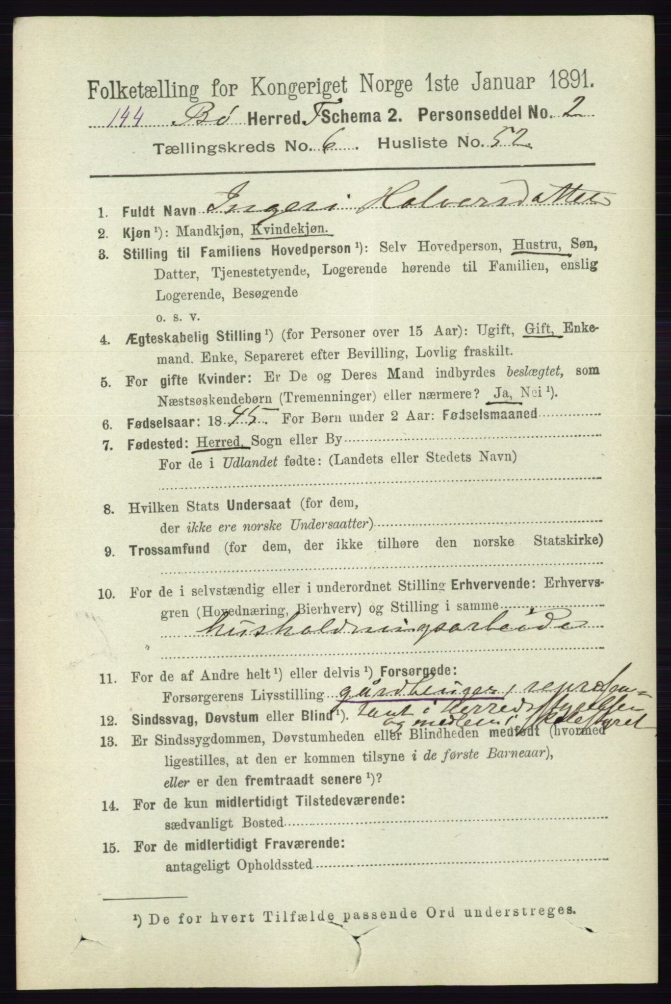 RA, 1891 census for 0821 Bø, 1891, p. 2137