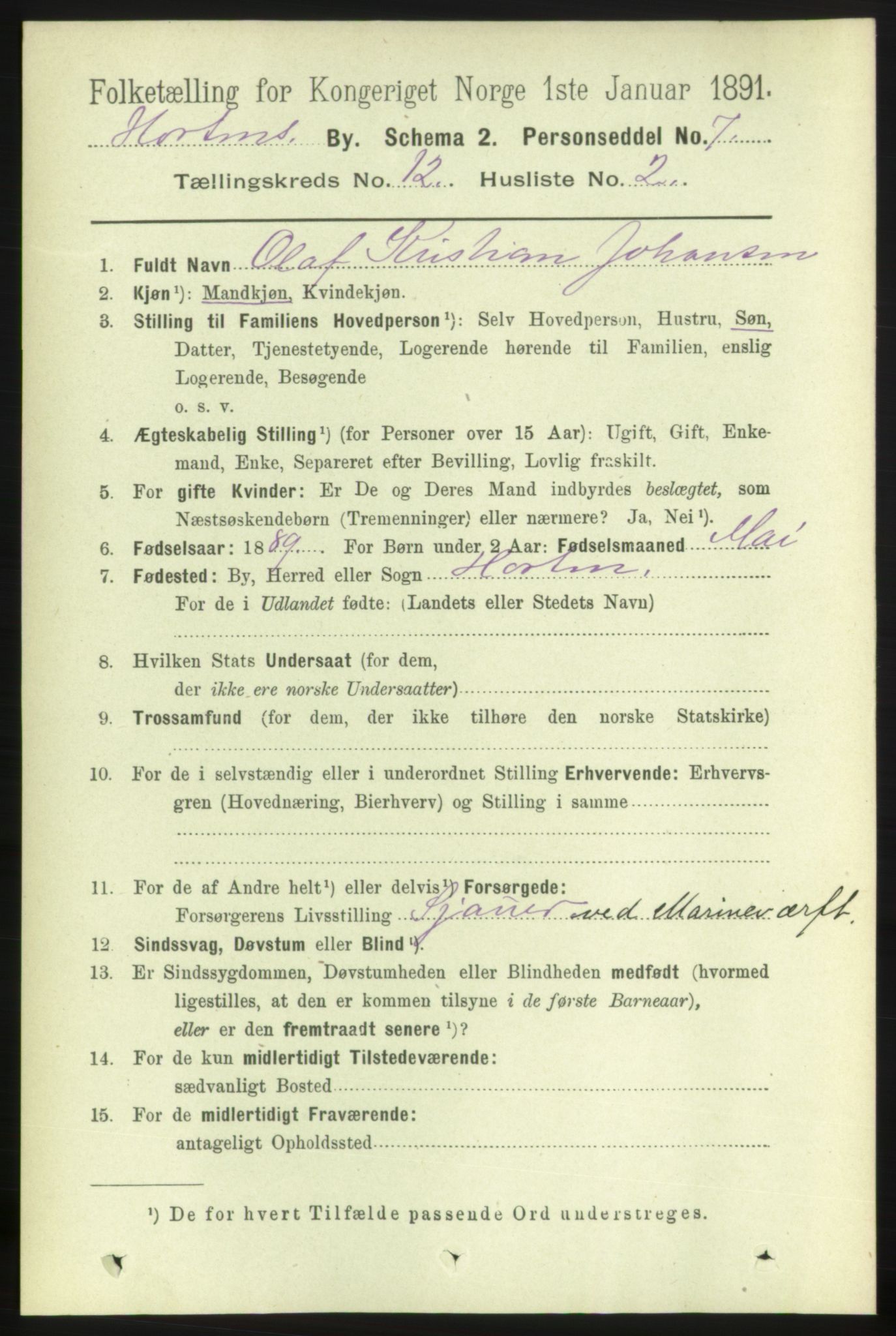 RA, 1891 census for 0703 Horten, 1891, p. 7408