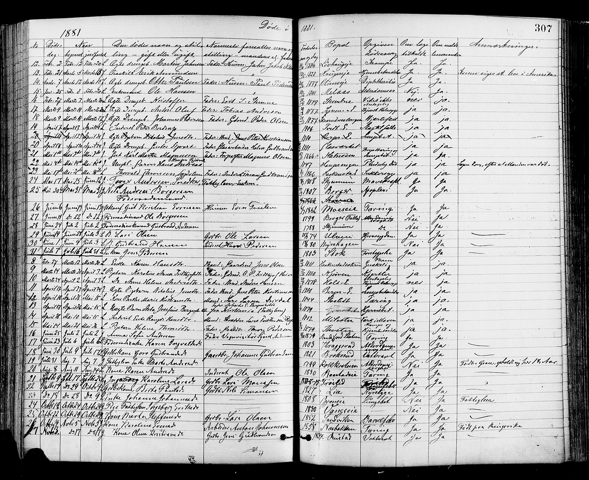 Jevnaker prestekontor, SAH/PREST-116/H/Ha/Haa/L0008: Parish register (official) no. 8, 1877-1890, p. 307
