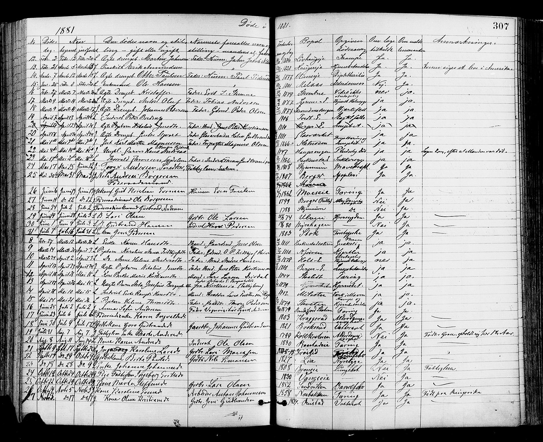 Jevnaker prestekontor, AV/SAH-PREST-116/H/Ha/Haa/L0008: Parish register (official) no. 8, 1877-1890, p. 307