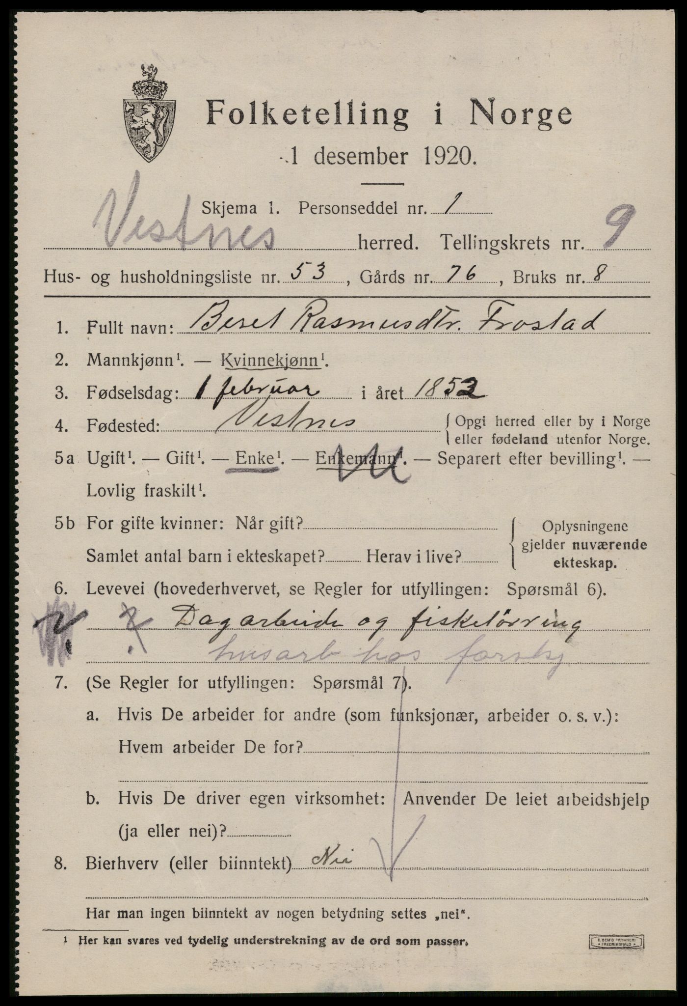 SAT, 1920 census for Vestnes, 1920, p. 6489