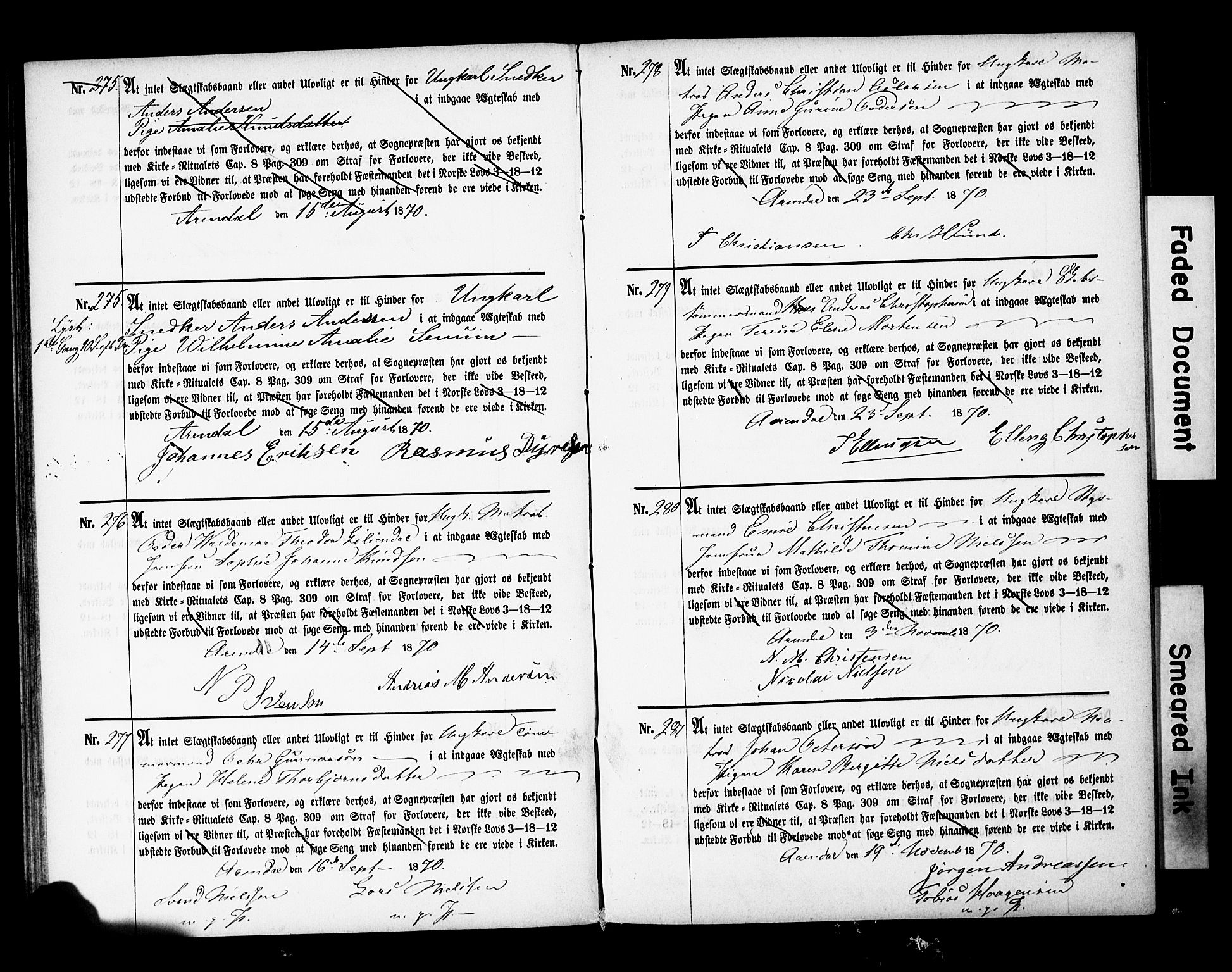 Arendal sokneprestkontor, Trefoldighet, AV/SAK-1111-0040/F/Fe/L0001: Best man's statements no. A VI 1, 1857-1875