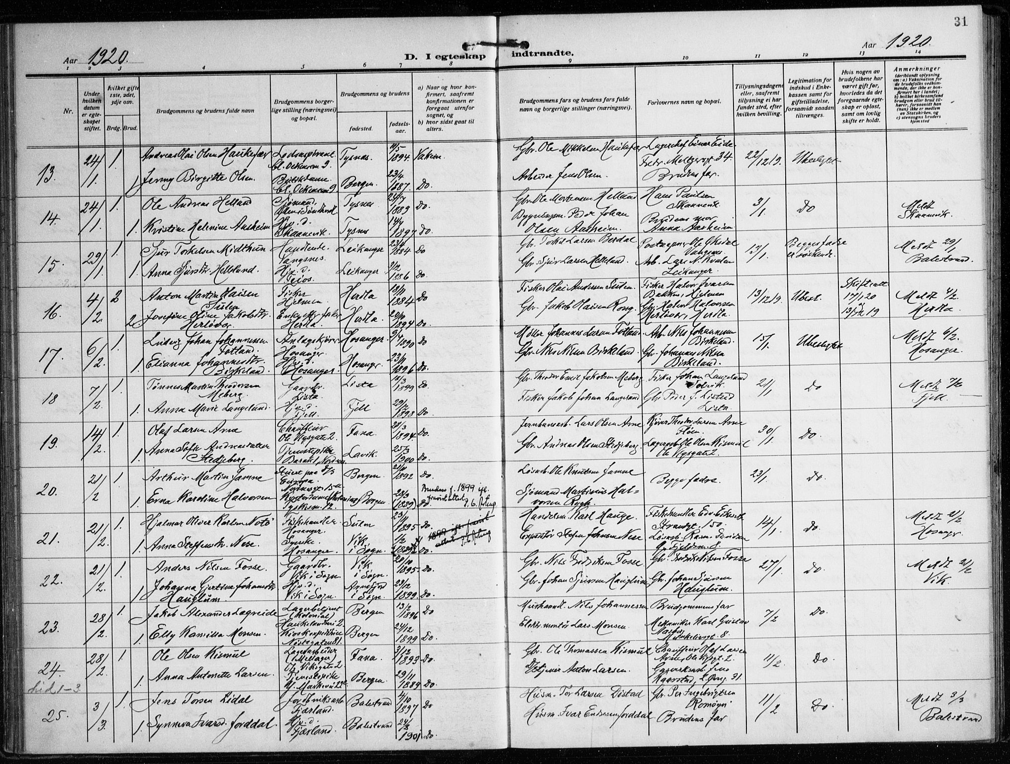 Nykirken Sokneprestembete, SAB/A-77101/H/Haa/L0037: Parish register (official) no. D 7, 1918-1926, p. 31