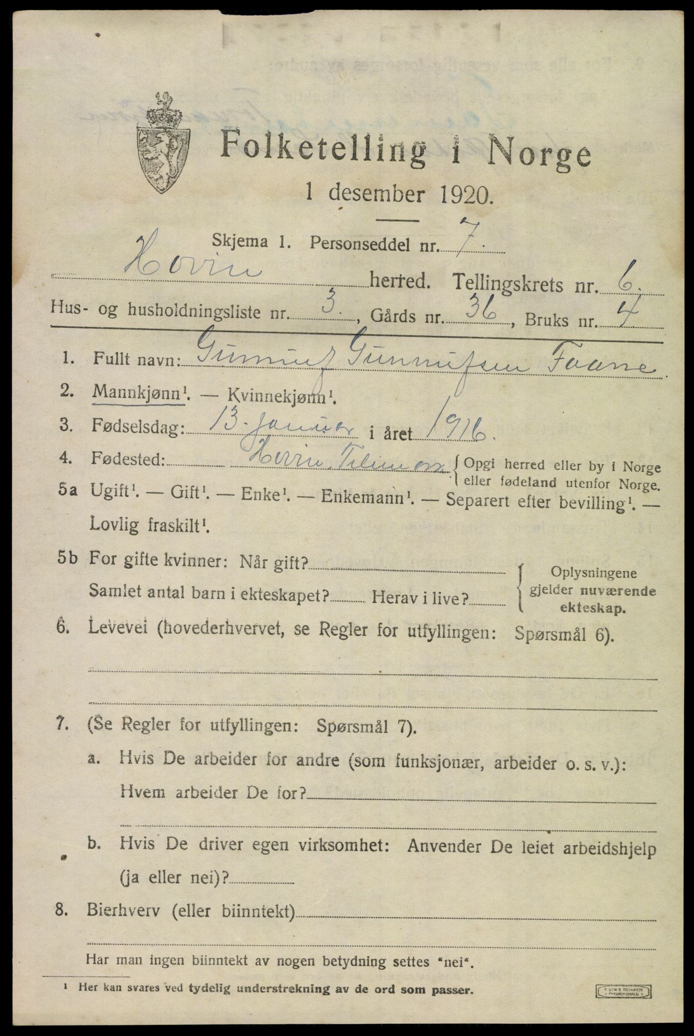 SAKO, 1920 census for Hovin, 1920, p. 1467