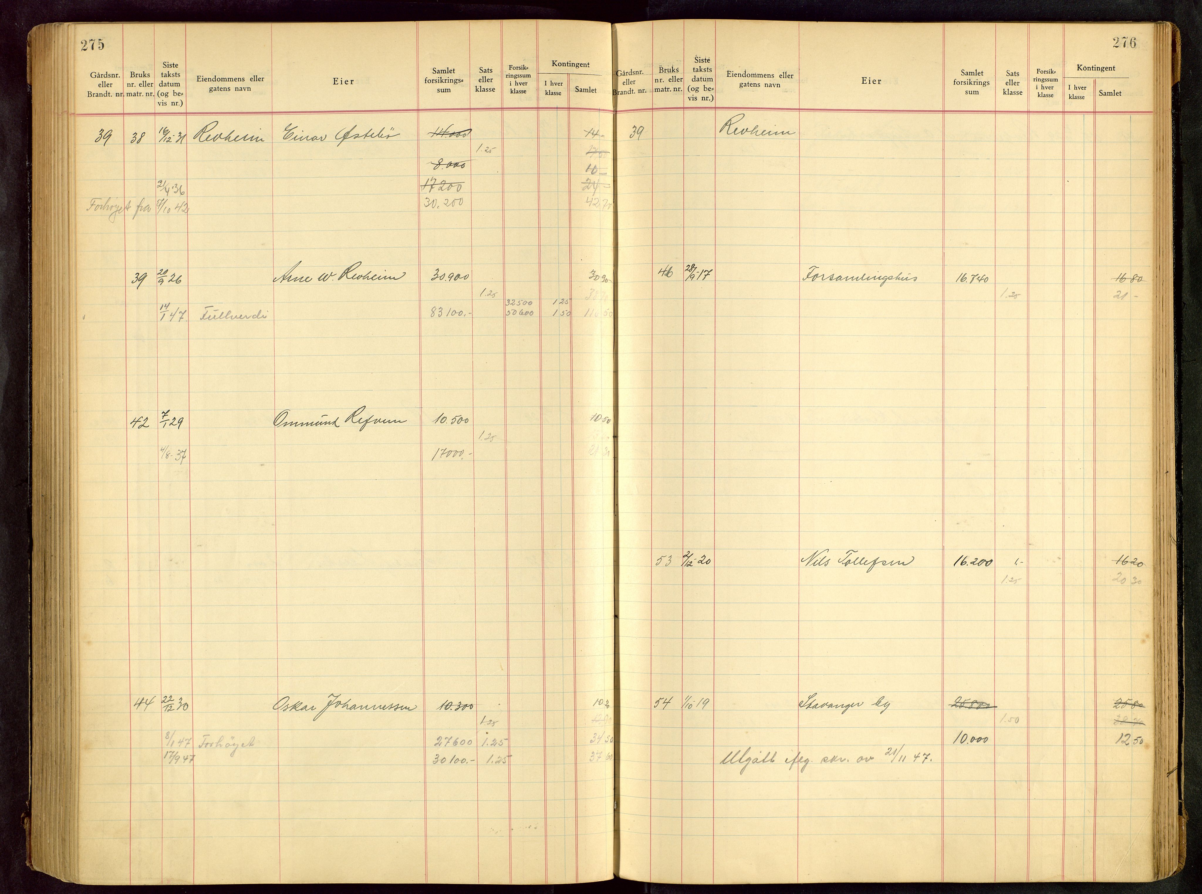 Håland lensmannskontor, AV/SAST-A-100100/Goa/L0001: Beregningsprotokoll brannforsikring, 1932-1947, p. 275-276