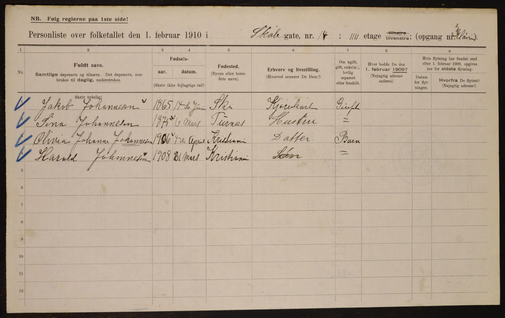 OBA, Municipal Census 1910 for Kristiania, 1910, p. 91911