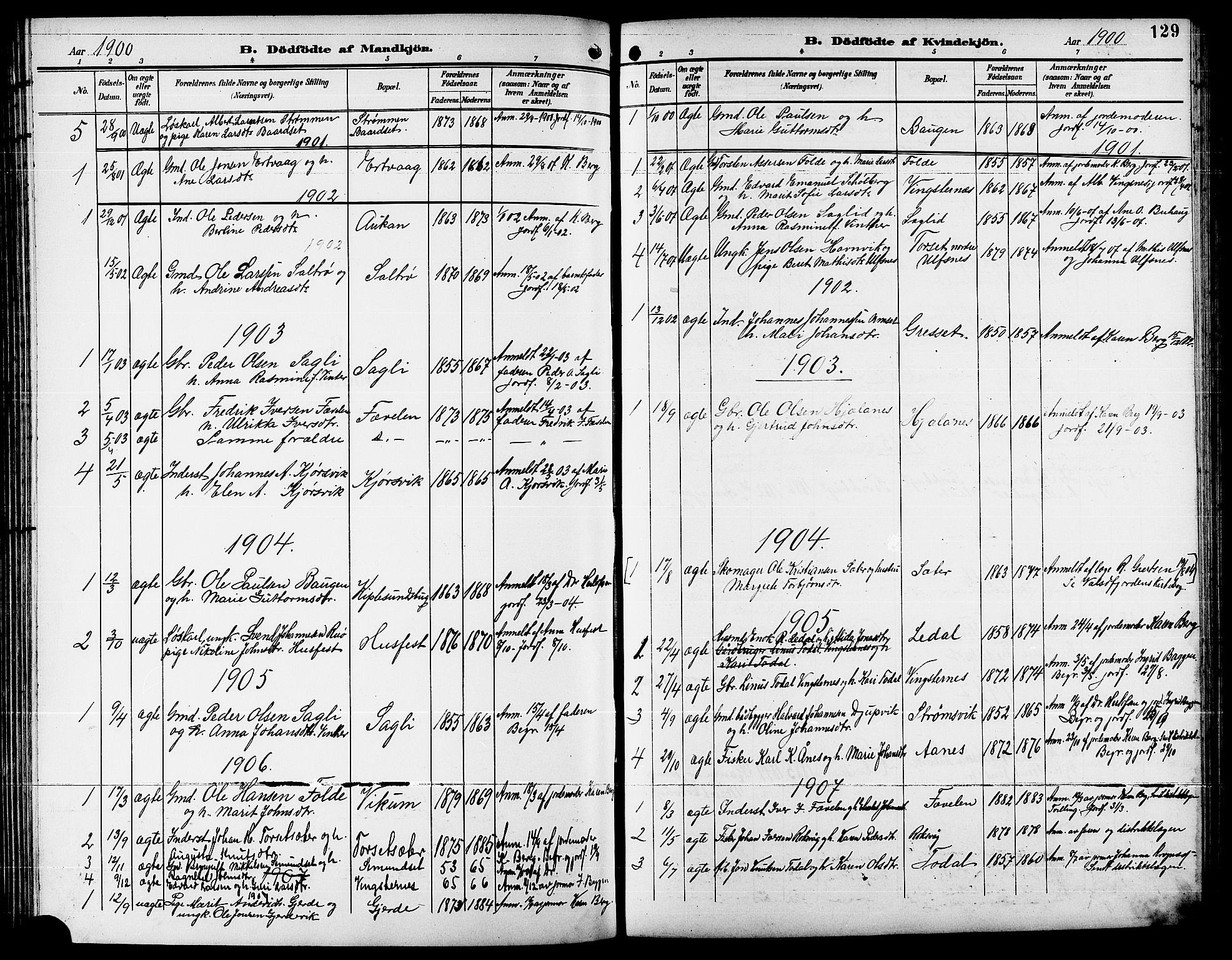 Ministerialprotokoller, klokkerbøker og fødselsregistre - Møre og Romsdal, AV/SAT-A-1454/578/L0910: Parish register (copy) no. 578C03, 1900-1921, p. 129