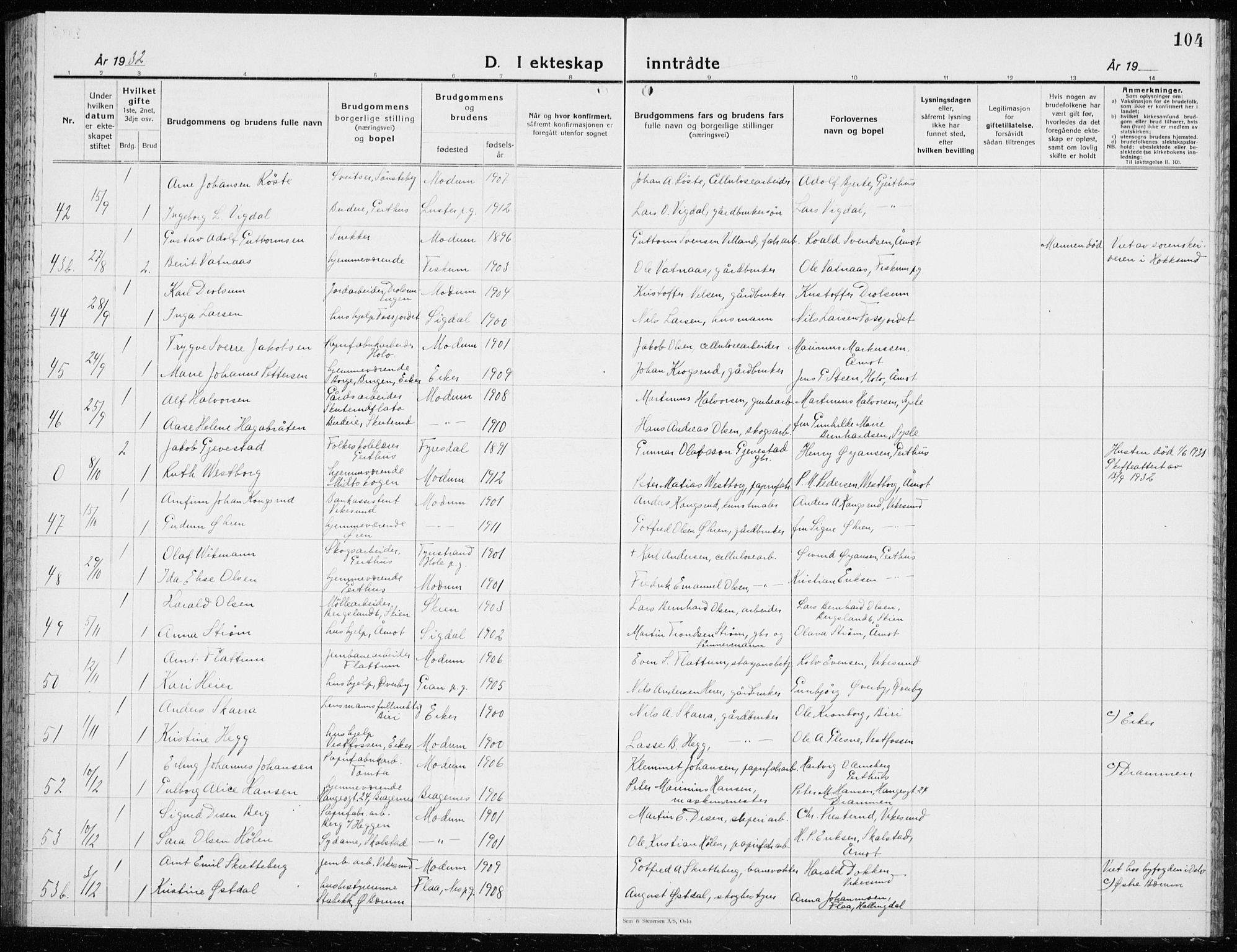 Modum kirkebøker, AV/SAKO-A-234/G/Ga/L0013: Parish register (copy) no. I 13, 1925-1938, p. 104